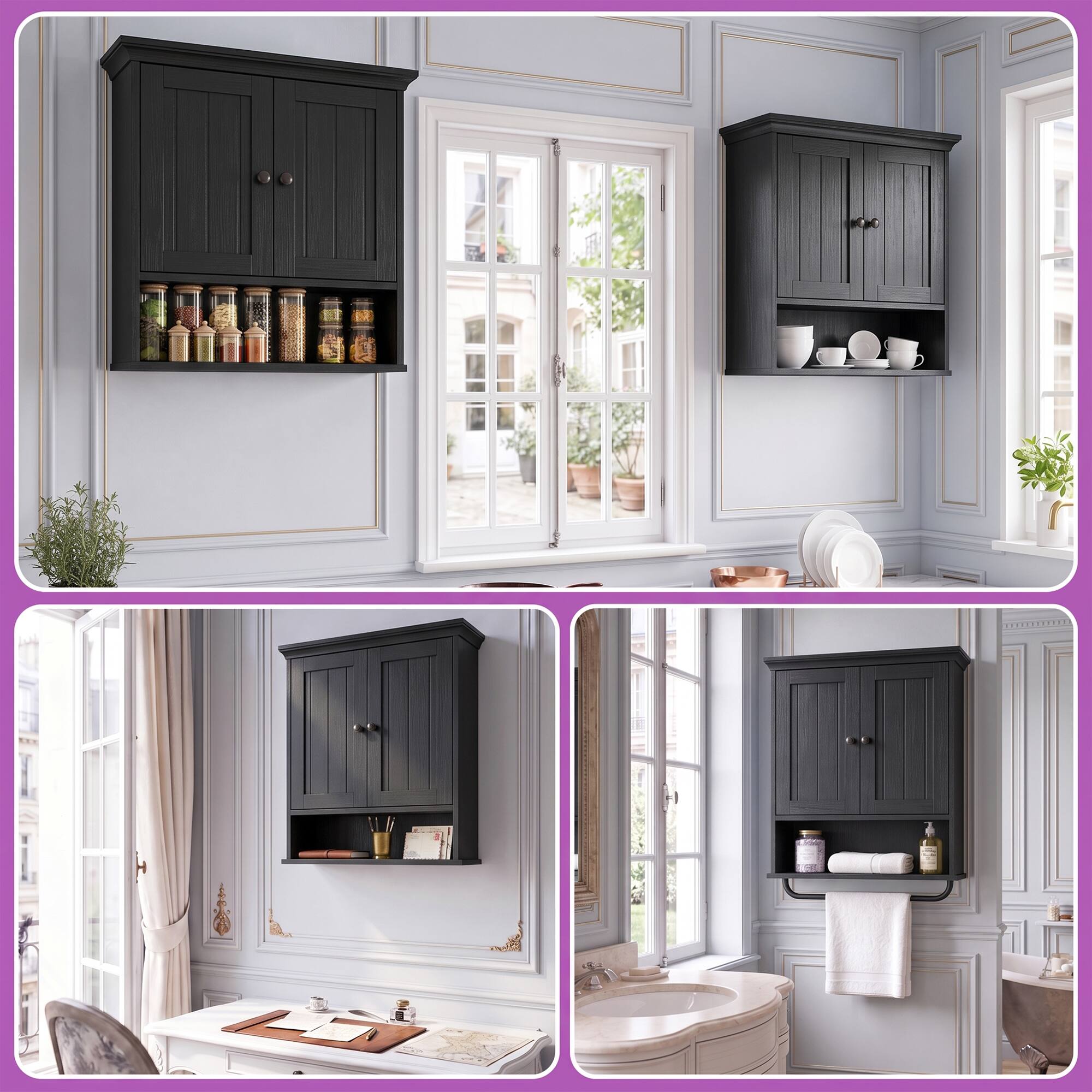 Alt View 3. Aheaplus - Wall Mounted Bathroom Cabinet, 2 Door Medicine Cabinet with Adjustable Shelves and Towel Bar - Black.