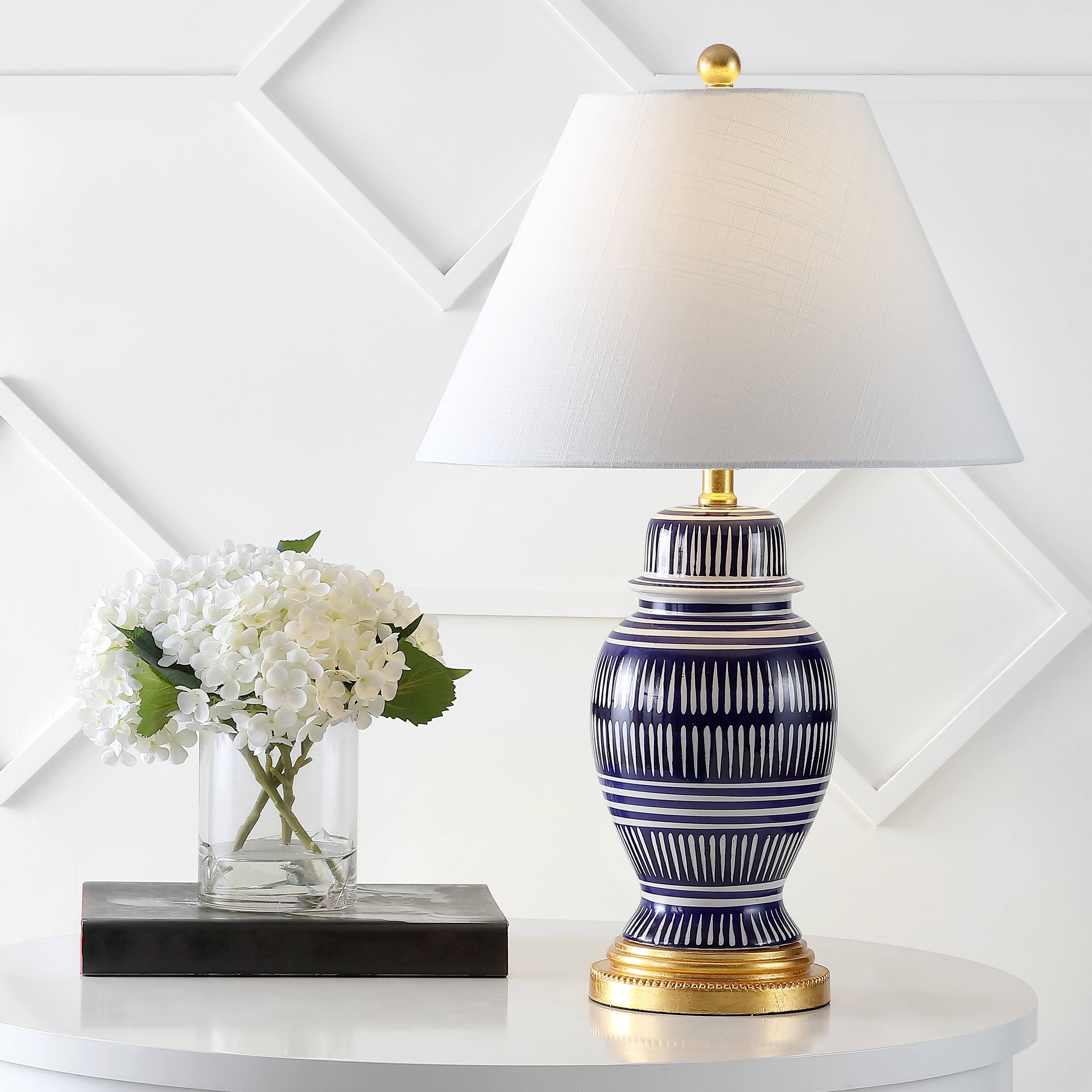Alt View 1. Jonathan Y - Reed 27" Ceramic/Iron Modern Coastal LED Table Lamp, Navy - Blue/White.