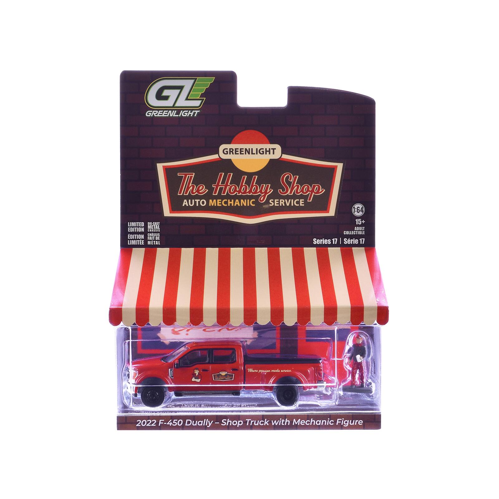 GL GREENLIGHT  
LIMITED OIL-CAST METAL EDITION  
CHISSIS CRSSIS EDITION FAIT DE LIMITE METAL  
GREENLIGHT The Holkby Shop AUTO MECHANIC SERVICE  
64 15+ ABULT COLLECTIBLE Series 17 | Série 17  
OPEN  
Mure Hours made -  
SUGUIIE  
SweeP  
2022 F-450 Dually-Shop Truck with Mechanic Figure