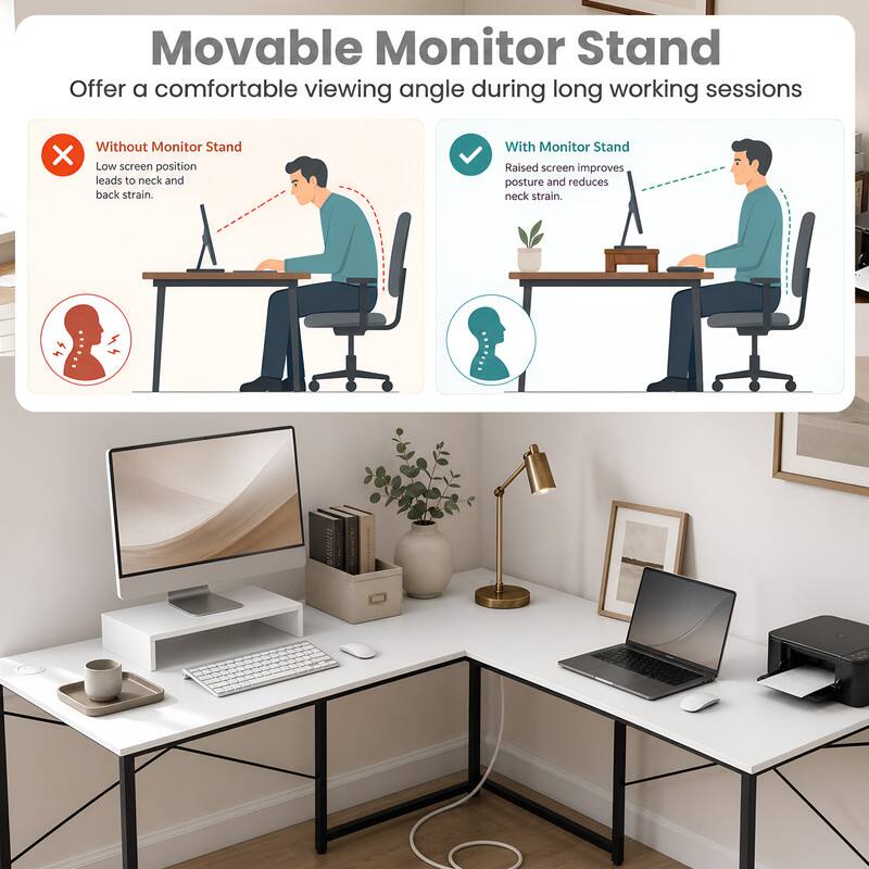 Movable Monitor Stand

Offer a comfortable viewing angle during long working sessions

Without Monitor Stand
Low screen position leads to neck and back strain.

With Monitor Stand
Raised screen improves posture and reduces neck strain.