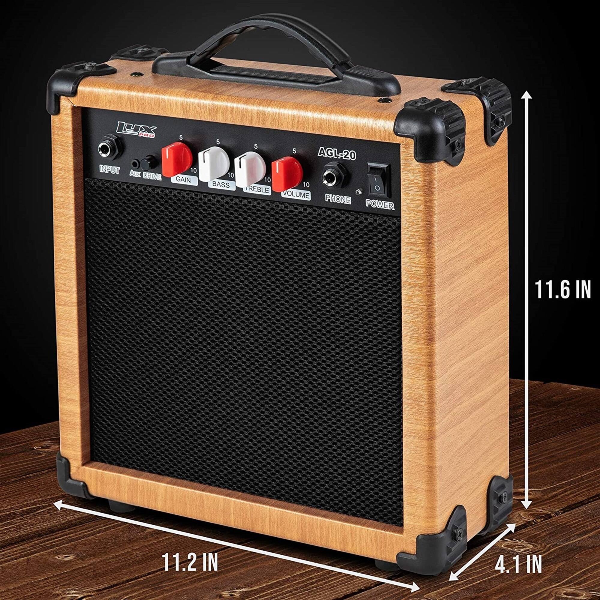 LUX dadians AGL-20 11.6 IN 11.2 IN 4.1 IN

INPUT MIX DRIVE GAIN BASS REBLE VOLUME PHONE POWER