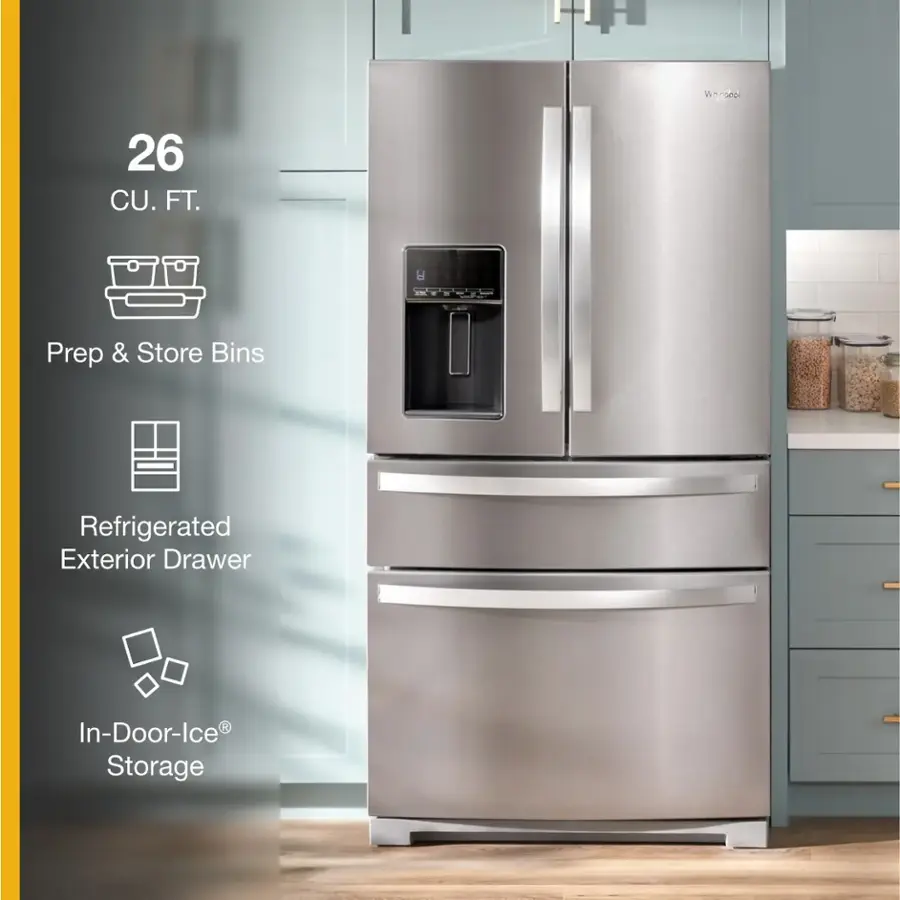 The text on the image reads: "26 CU. FT. Prep & Store Bins Refrigerated Exterior Drawer R In-Door-Ice Storage."