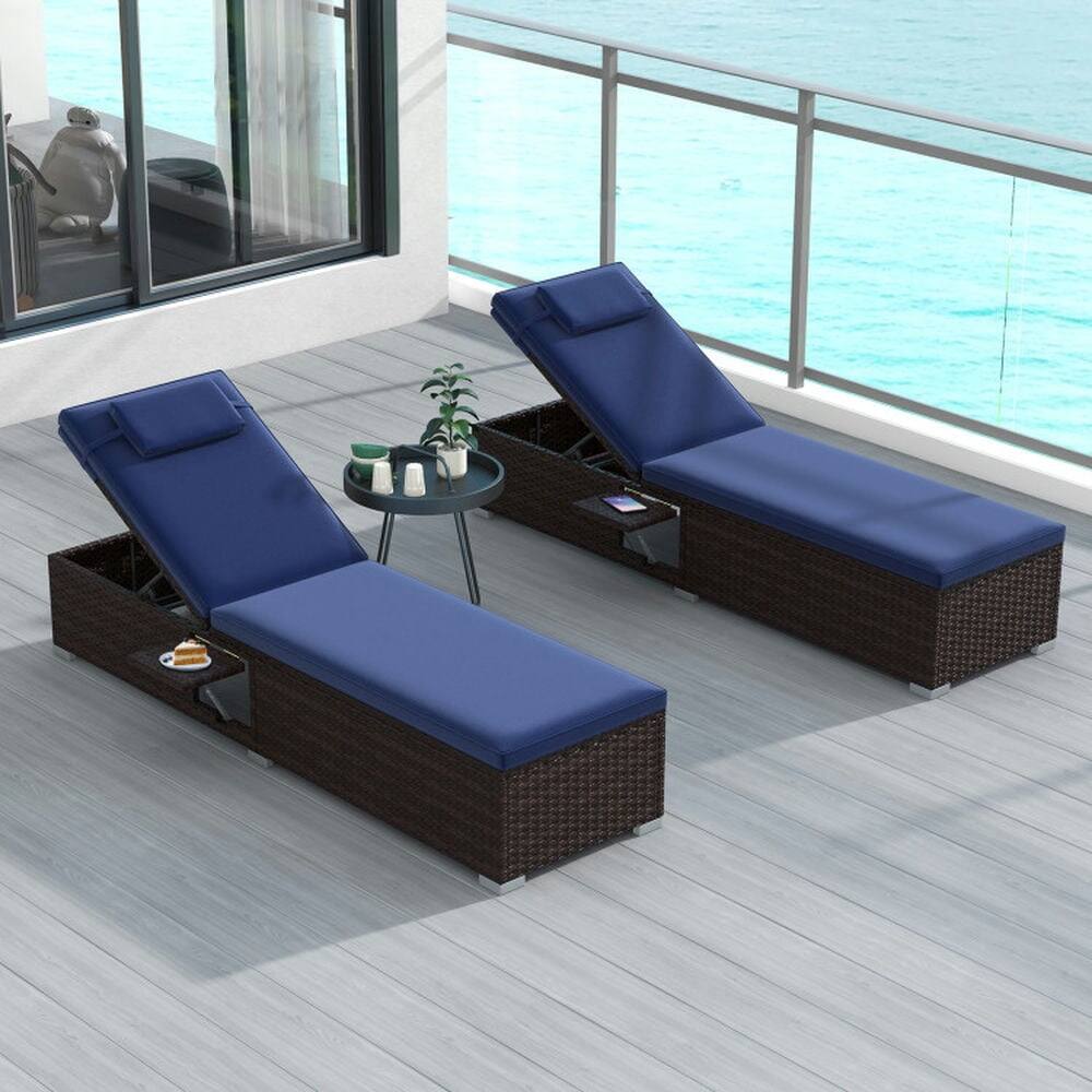 Back. Pefilos - Patio Chaise Set with Folding Side Table, Backrest Seat Cushion and Headrest, for Outdoor Chaise Lounge - Blue.