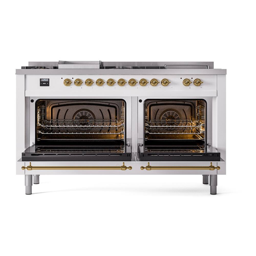 Alt View 4. ILVE - ILVE Nostalgie II 60 inch Dual Fuel Range with 7 Burners + Griddle (Liquid Propane, White, Brass Trim) - White.
