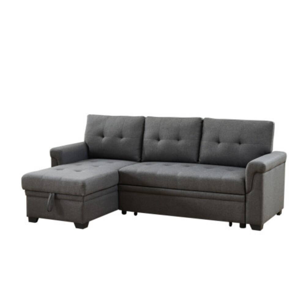 Alt View 1. LUCKY ONE - 84" Dark Gray Linen Reversible Sleeper Sectional Sofa with Storage Chaise, Pull-Out Bed, Tufted Cushions - Dark Gray.