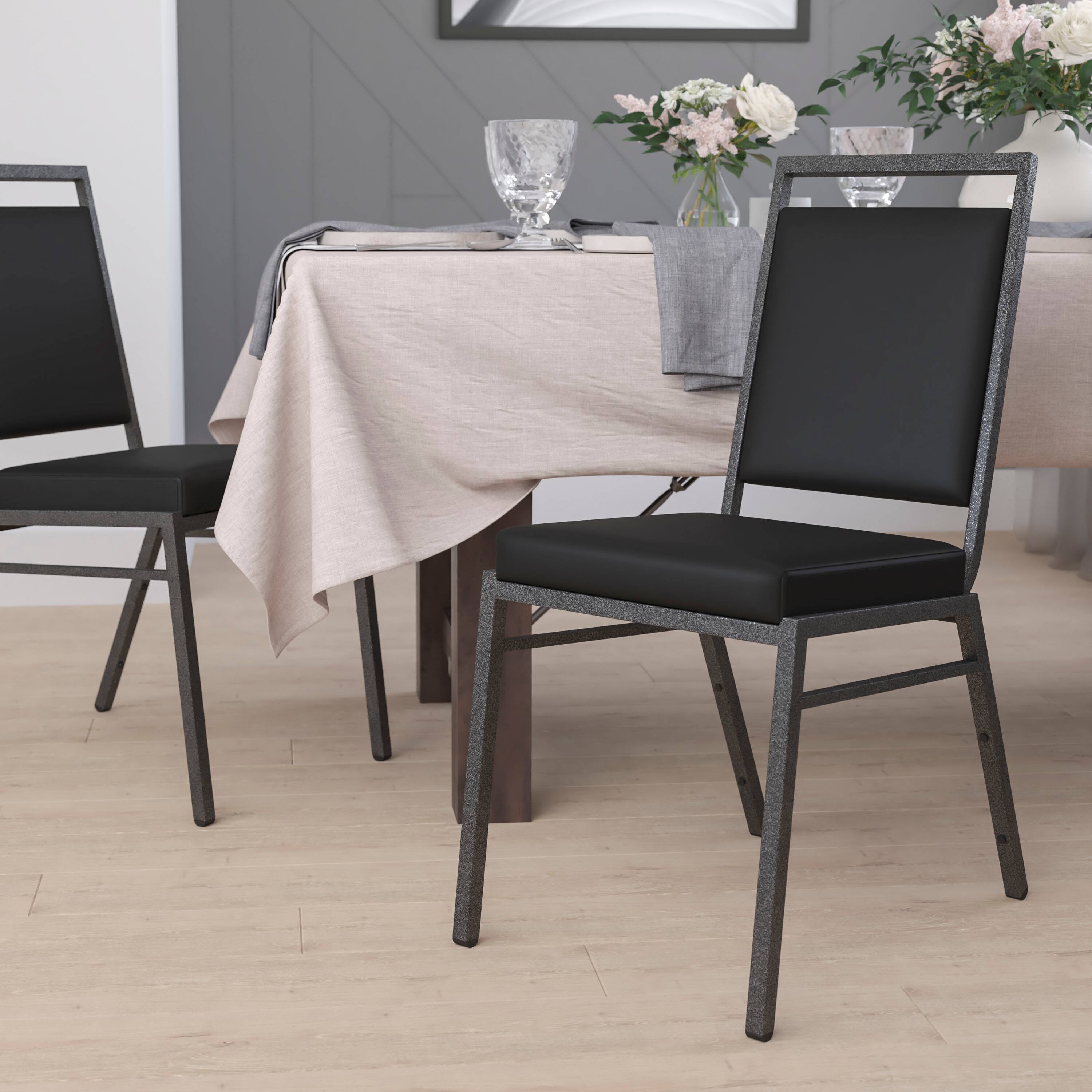 Alt View 1. Emma + Oliver - Square Back Banquet Stack Chair - Wedding Party Event Chair - Black Vinyl/Silver Vein Frame.
