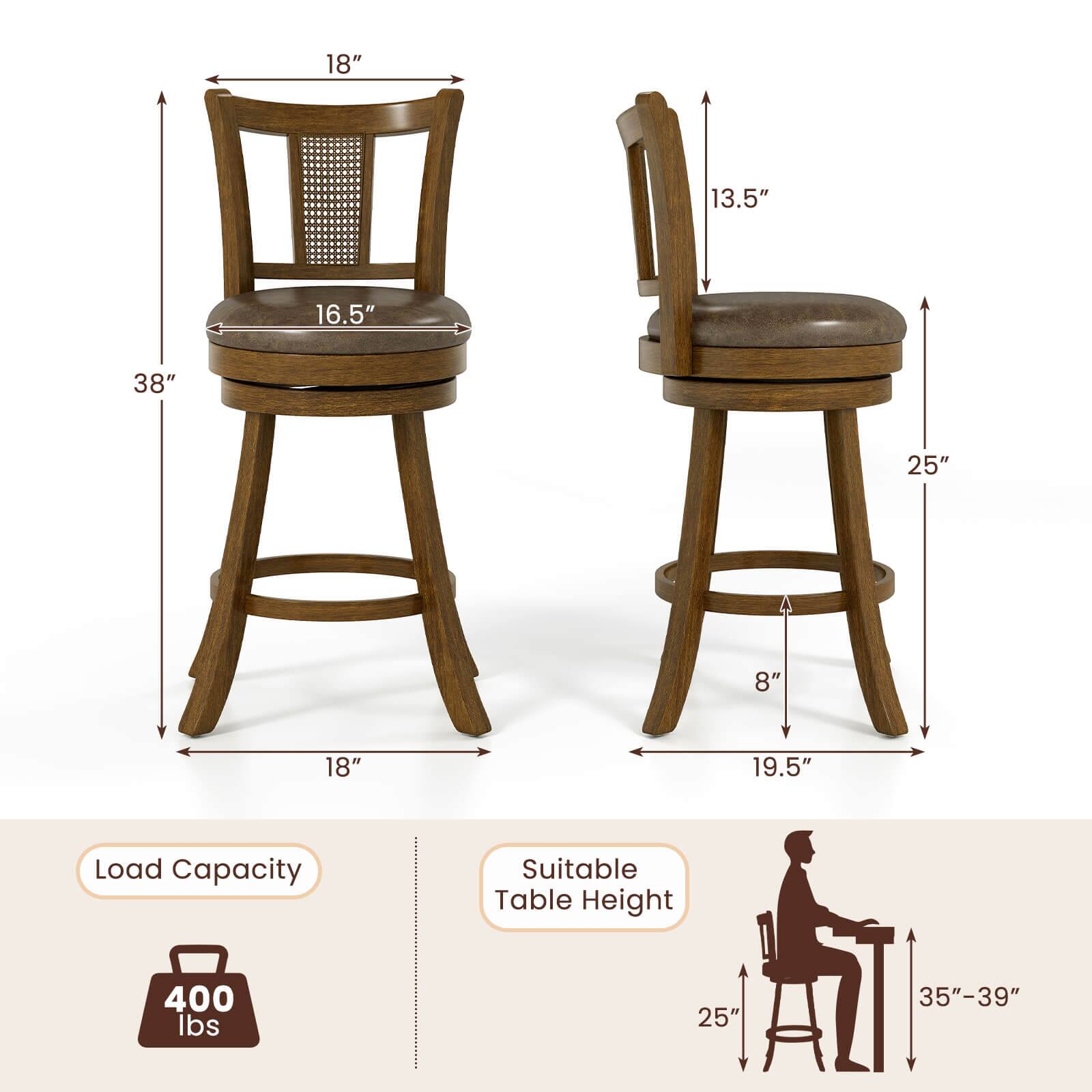 Here is the corrected and grouped text:

**Dimensions:**
- Height: 38"
- Seat Height: 25"
- Seat Depth: 18"
- Seat Width: 16.5"
- Back Height: 18"
- Back Width: 13.5"
- Leg Width: 18"
- Leg Height: 8"
- Footrest Width: 19.5"

**Load Capacity:** 400 lbs

**Suitable Table Height:** 35"-39"