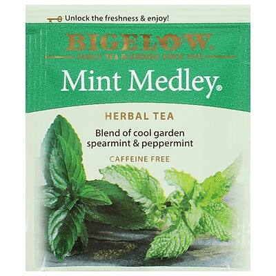 Unlock the freshness & enjoy!

BIGELOW  
James' Tea Blenders Since 1945

Mint Medley  
HERBAL TEA  
Blend of cool garden spearmint & peppermint  
CAFFEINE FREE