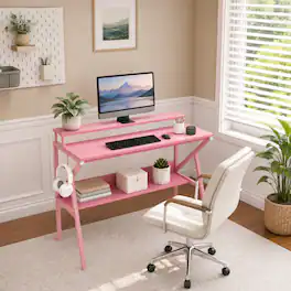WELLFOR - 39.5 " Modern Computer Desk with Monitor Stand & Storage Shelf, Small Gaming Desk for Home Office - Pink