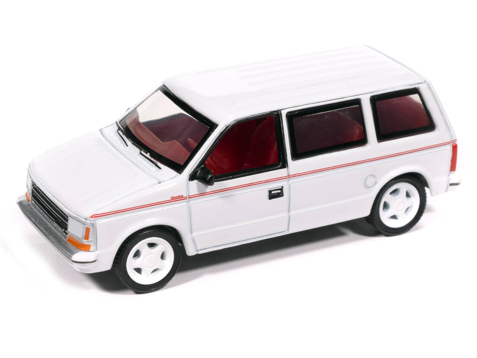 Alt View 1. Autoworld - 1989 Plymouth Voyager Turbo Van Bright White with Red Stripes & Interior "Mighty Minivans" 1/64 Model Car by Auto World.