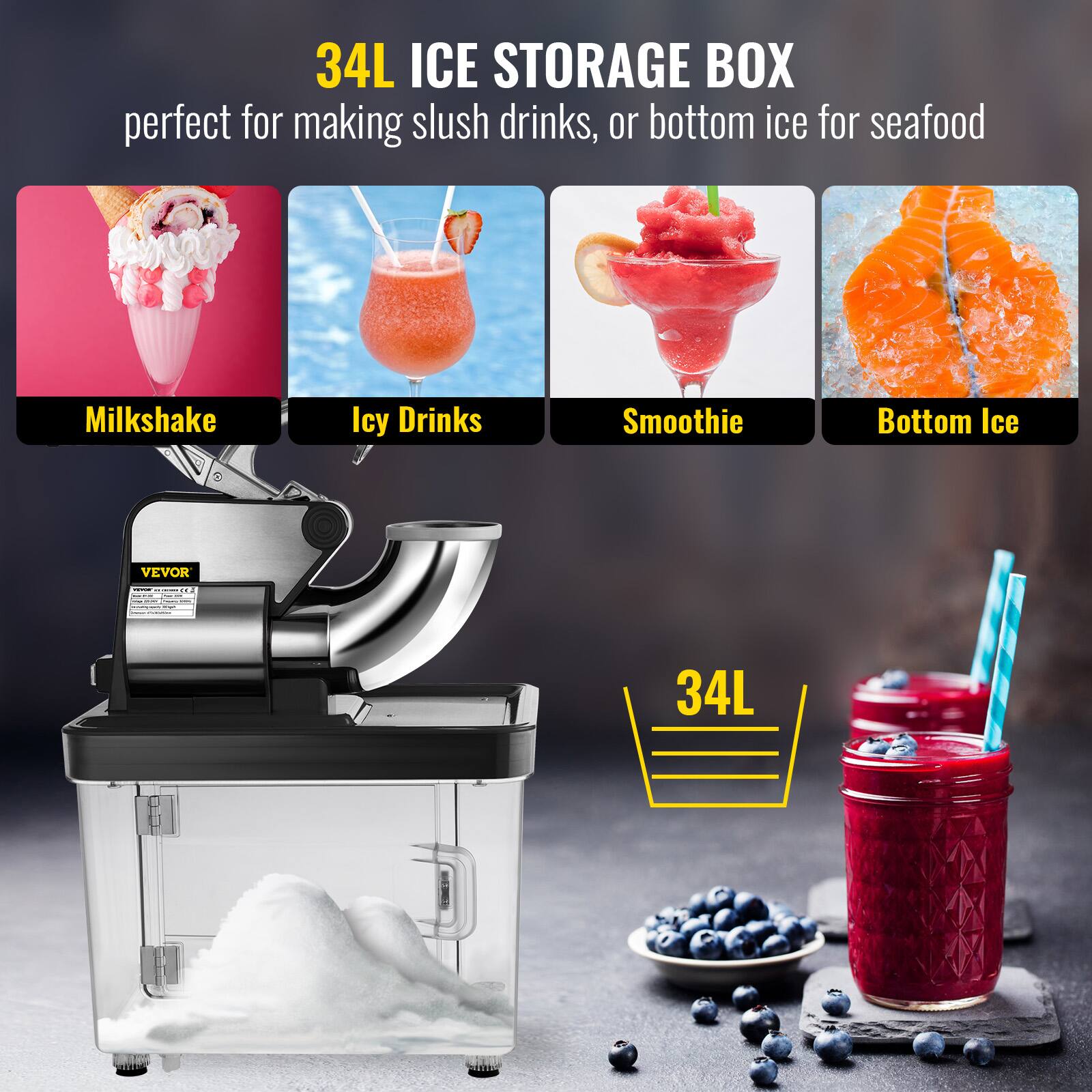 34L ICE STORAGE BOX  
perfect for making slush drinks, or bottom ice for seafood  

Milkshake  
Icy Drinks  
Smoothie  
Bottom Ice  

VEVOR  

34L