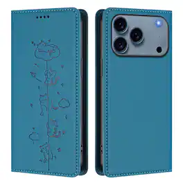 Dteck - for Apple iPhone 17 Pro Max Slim Foilo Case,Cute Cat Embossed PU Leather RFID Blocking Wallet Flip Card Holder Cover - Blue