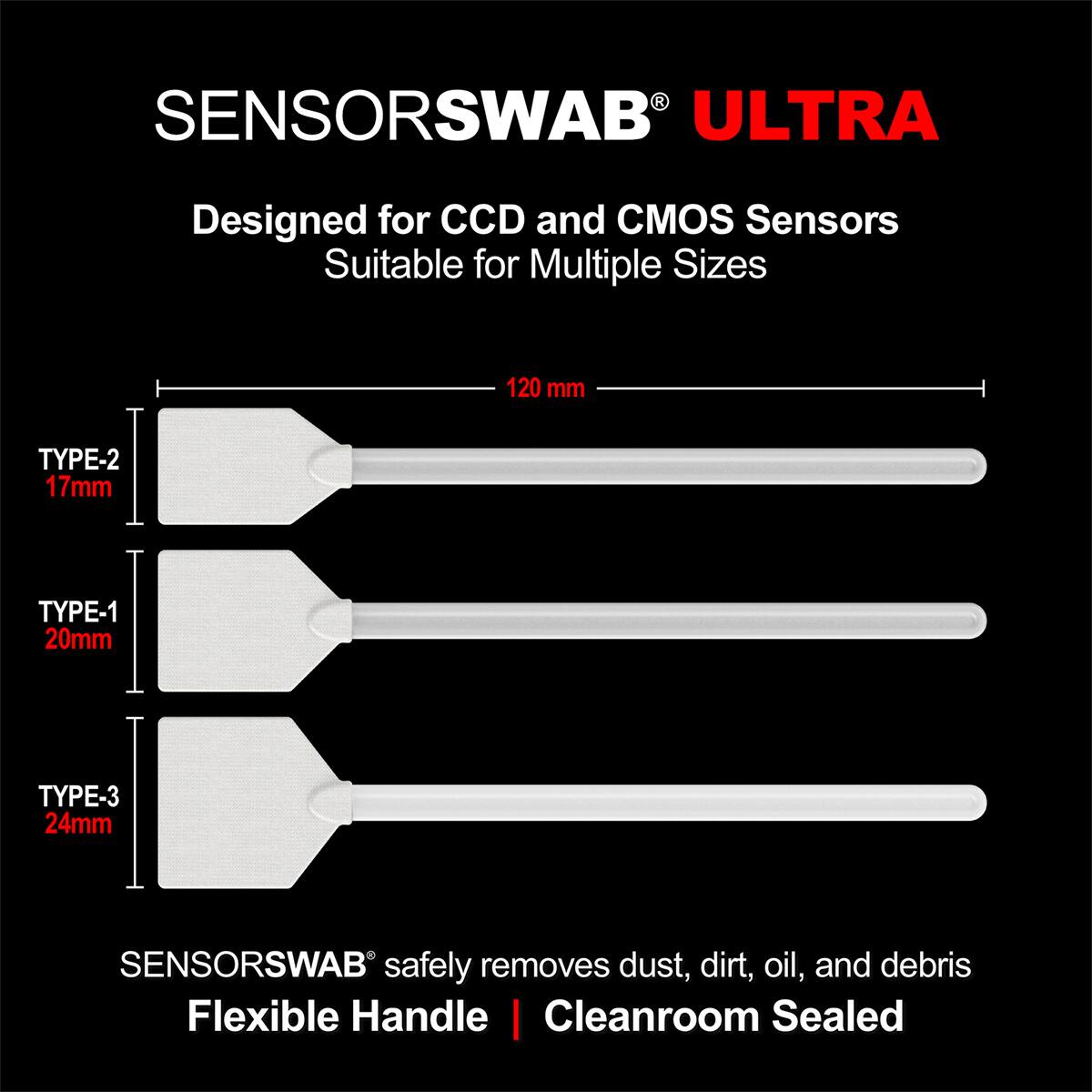SENSORSWAB ULTRA  
Designed for CCD and CMOS Sensors  
Suitable for Multiple Sizes  

120 mm  
TYPE-2 17mm  
TYPE-1 20mm  
TYPE-3 24mm  

SENSORSWAB safely removes dust, dirt, oil, and debris  
Flexible Handle | Cleanroom Sealed