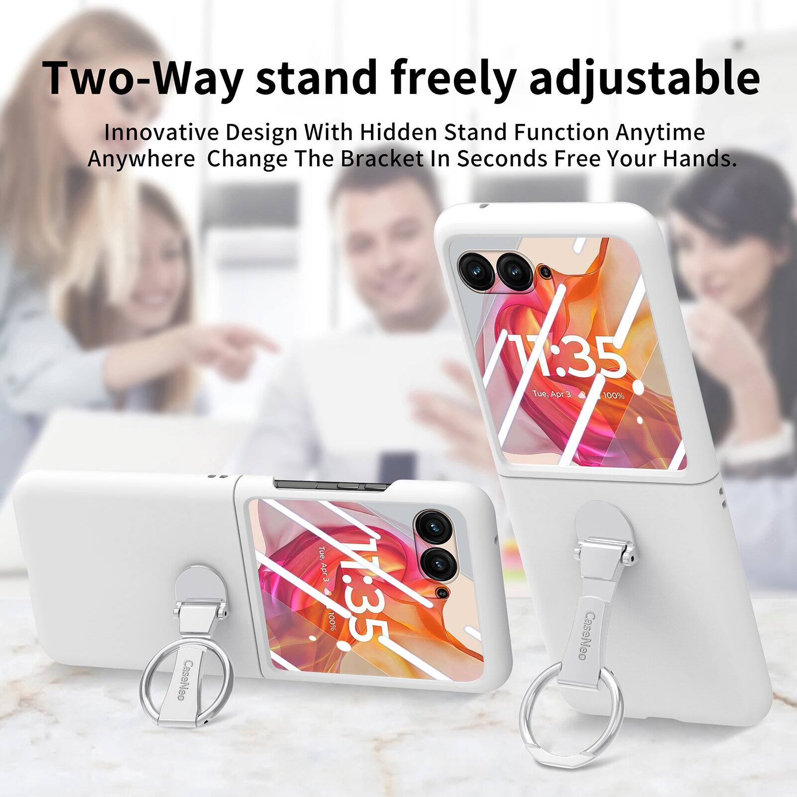 Two-Way stand freely adjustable  
Innovative Design With Hidden Stand Function Anytime Anywhere Change The Bracket In Seconds Free Your Hands.  
M V: 35 Tue. Apr 3 & 100% Tue E  
CasaNeo %00L SUOO 1:35  
CasaNeo