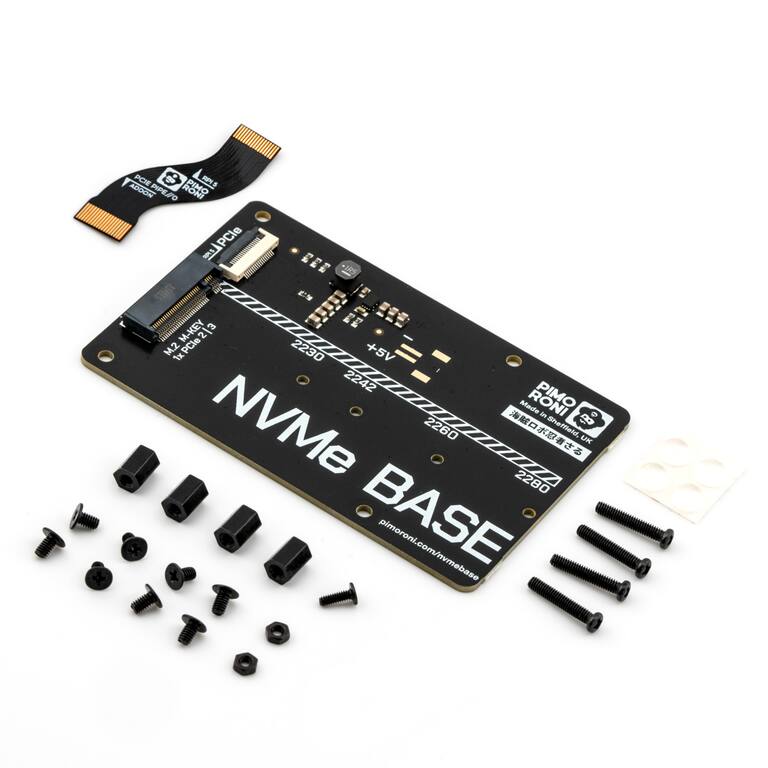 PCE - APS ADOOR PIPEPO PIMO miPCle i I +IR5 E M-KEY 2 3 1xPCl2|3 M- M2 2230 +5V 2242 PIMO Made in D NVMe 2260 Sheffield, 8  LK 2280 BASE pimoroni.com/nvmebase