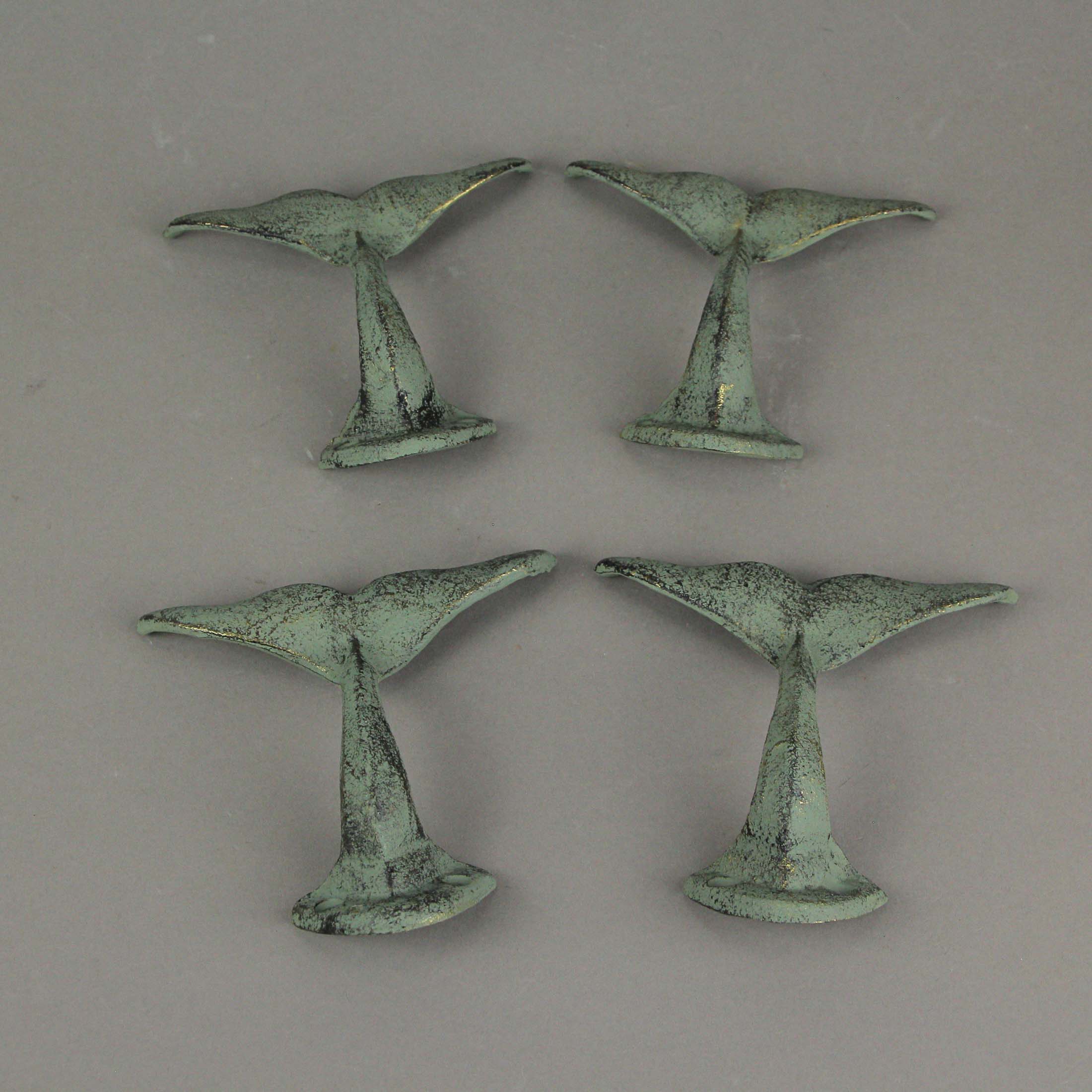 Alt View 4. Zeckos - Set of 4 Green Verdigris Finish Cast Iron Whale Tail Wall Hooks - Green.