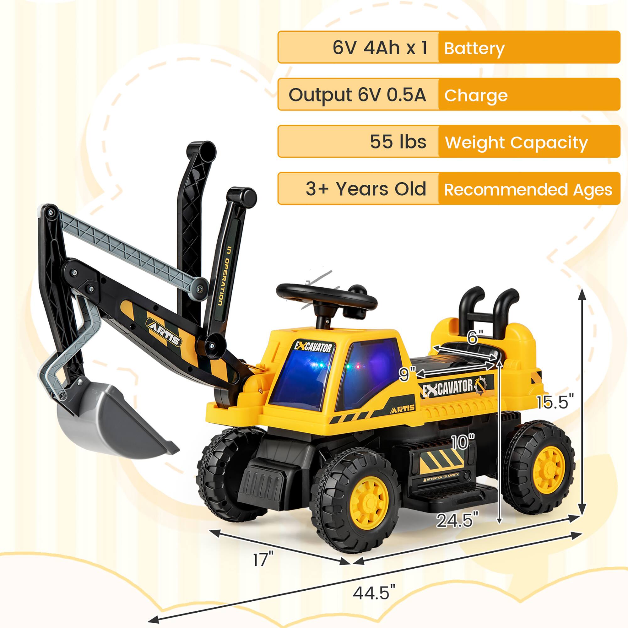 - Battery: 6V 4Ah x 1
- Charge: Output 6V 0.5A
- Weight Capacity: 55 lbs
- Recommended Ages: 3+ Years Old

Dimensions:
- Length: 44.5"
- Width: 24.5"
- Height: 17"
- Arm Length: 10"
- Arm Height: 9"
- Seat Height: 15.5"