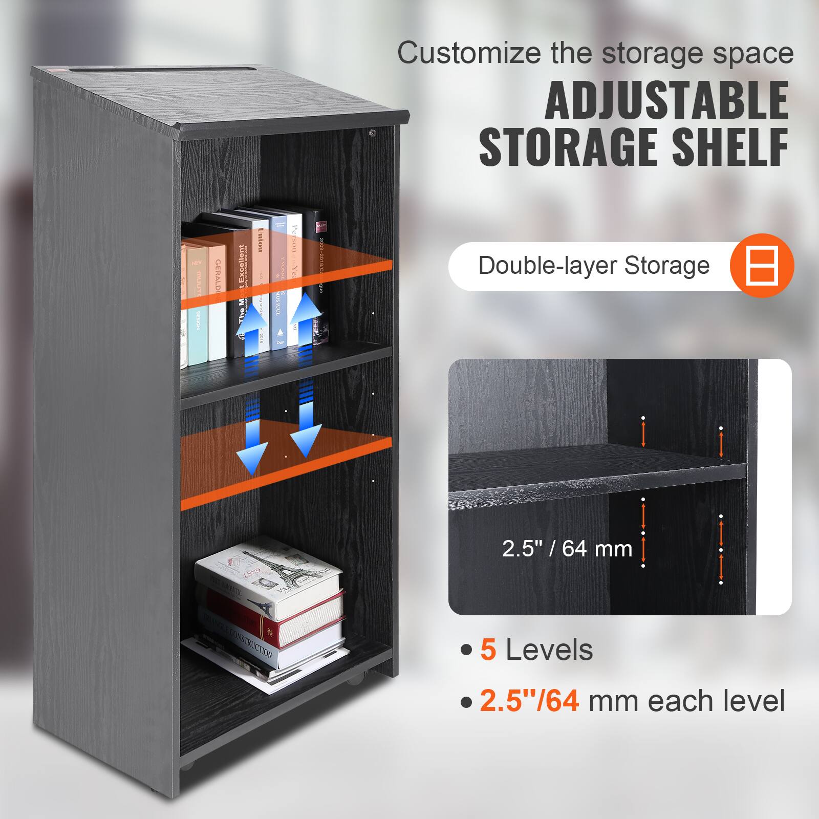 Customize the storage space | ADJUSTABLE STORAGE SHELF | Double-layer Storage | 2.5"/64 mm | 5 Levels | 2.5"/64 mm each level