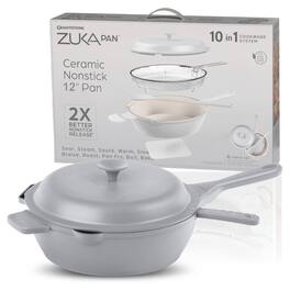 Granitestone - Zuka Everyday Pan 12" Grey Nonstick Multi-Functional Saute Pan with Lid, Nylon Spoon and Steamer Basket - Gray