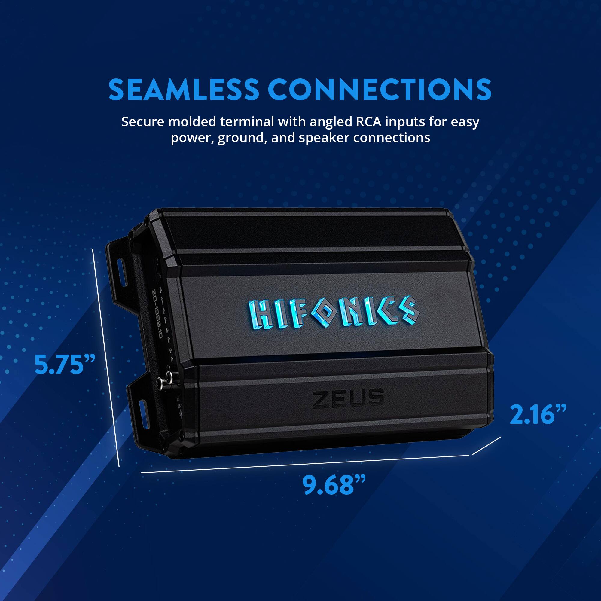 SEAMLESS CONNECTIONS  
Secure molded terminal with angled RCA inputs for easy power, ground, and speaker connections  

5.75"  
9.68"  
2.16"  

HIFONICS  
ZEUS
