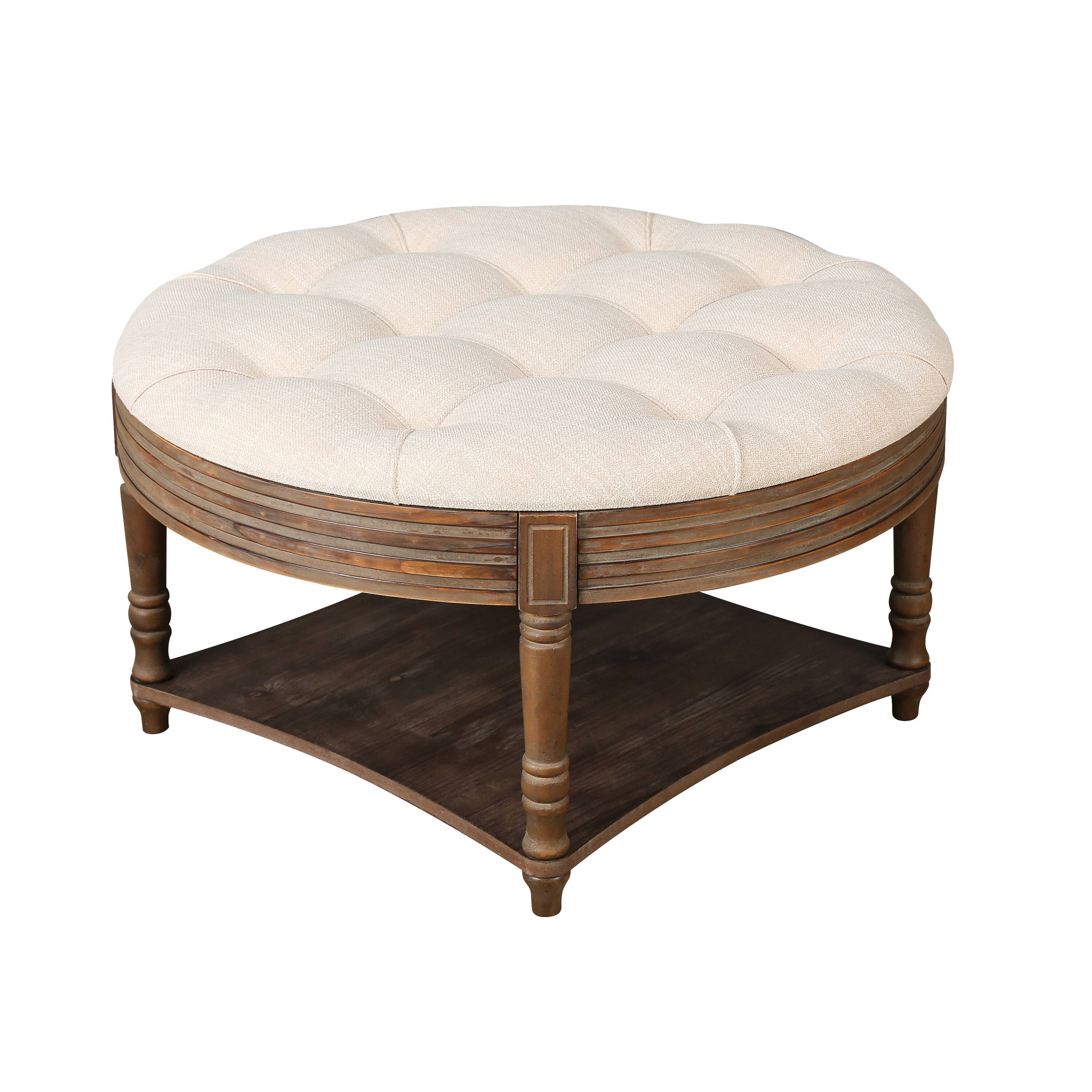 Alt View 6. GOODSILO - Large Round Waterproof Ottoman Coffee Table with Two-Tier Storage and Button Tufted Design for Living Room - Beige+White.