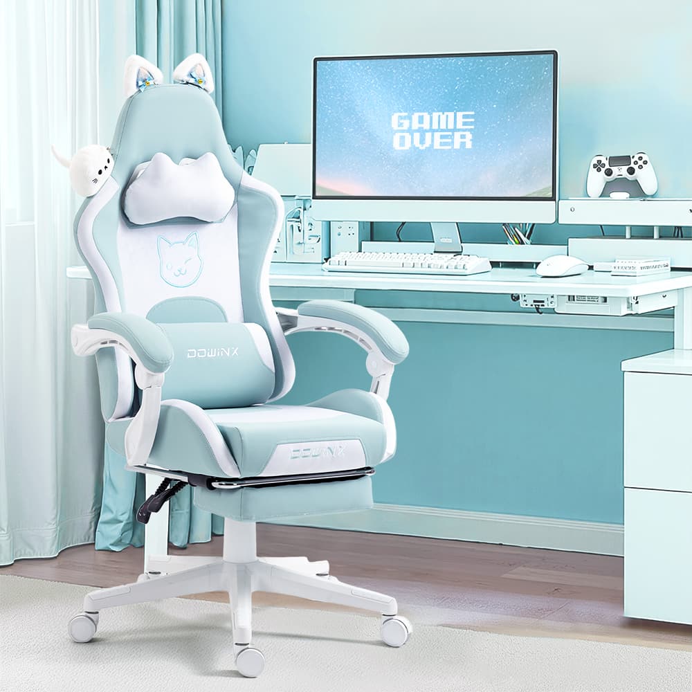 Dowinx - Cute Cat-Ear Gaming Chair with Massaging Lumbar Support, Ergonomic Computer Gaming Chair for Girls and Adults - Blue