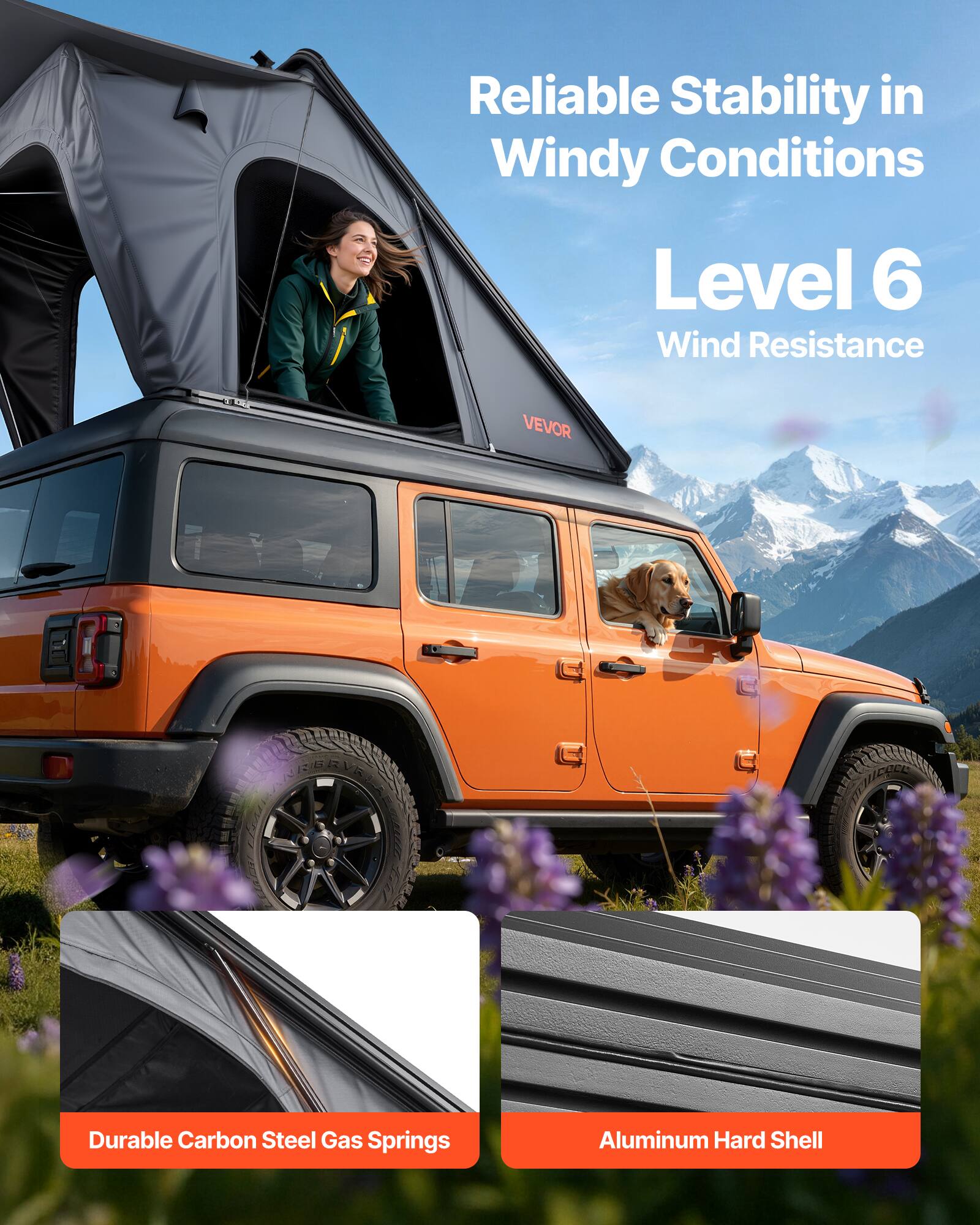 Reliable Stability in Windy Conditions  
Level 6 Wind Resistance  

VEVOR BIN  

Durable Carbon Steel Gas Springs  
Aluminum Hard Shell