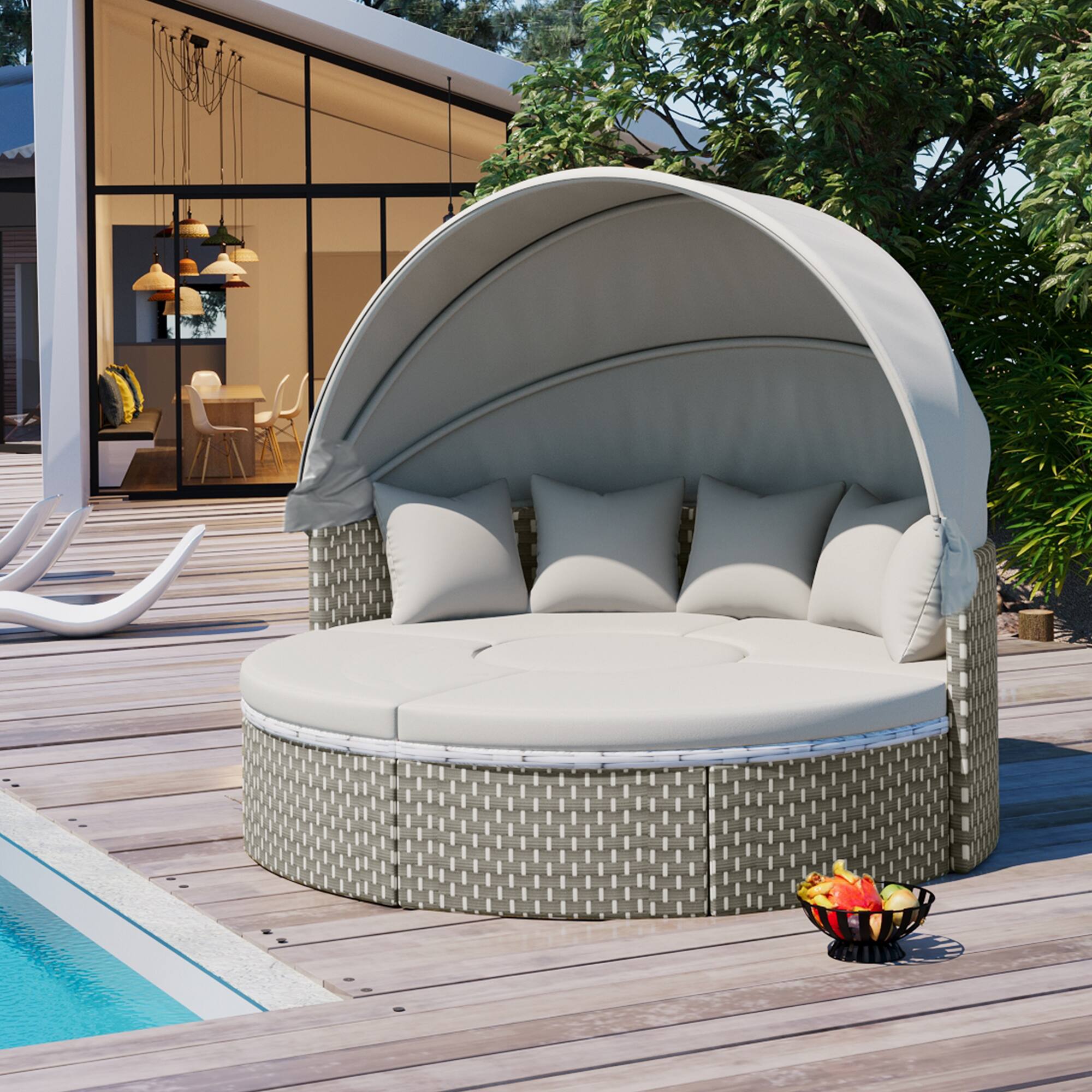 Angle. Tiramisubest - Round Patio Sectional Rattan Daybed w/ Retractable Canopy,Two-Tone Weave,Separate Seating and Removable Cushion, Gray - Gray.