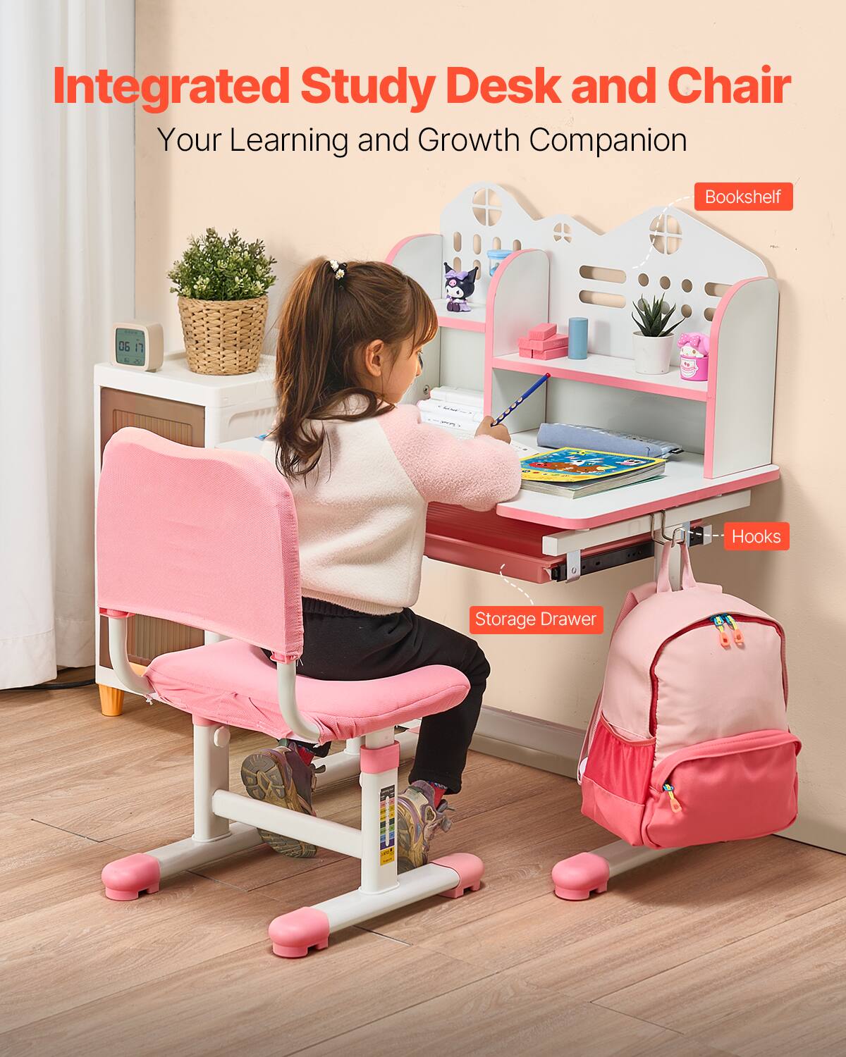 Integrated Study Desk and Chair  
Your Learning and Growth Companion  

- Bookshelf  
- Hooks  
- Storage Drawer