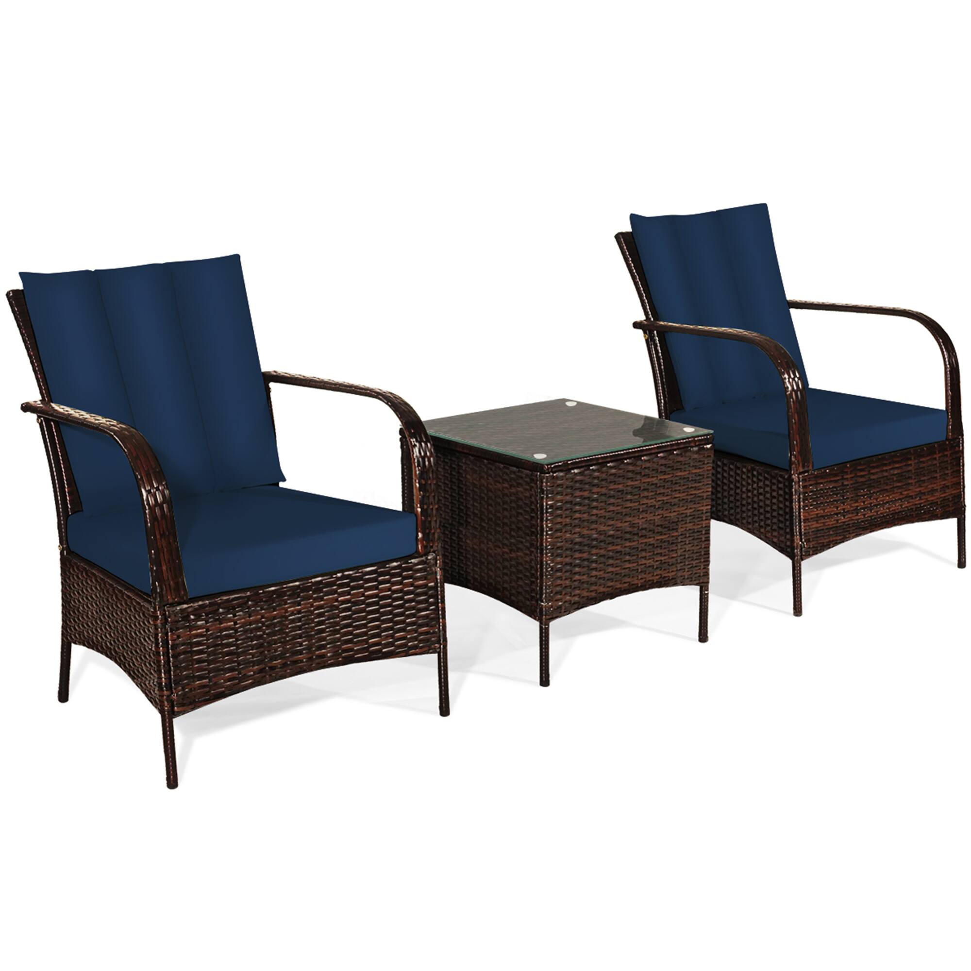 Alt View 1. Gymax - Gymax 3PCS Rattan Patio Conversation Set Outdoor Furniture Set w/ Table Cushions - Navy.