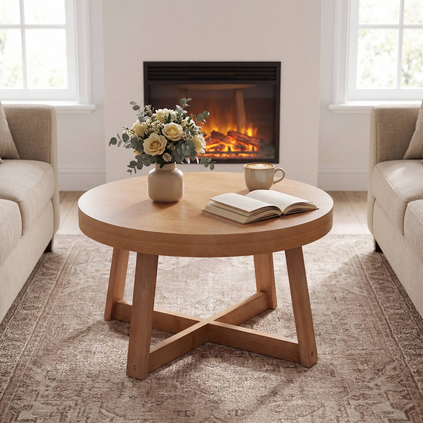 Alt View 5. Costway - Costway Round Coffee Table, 30" Wooden Center Table with Storage, Thickened Top, Cross-Shaped Pine Wood Frame - Natural.