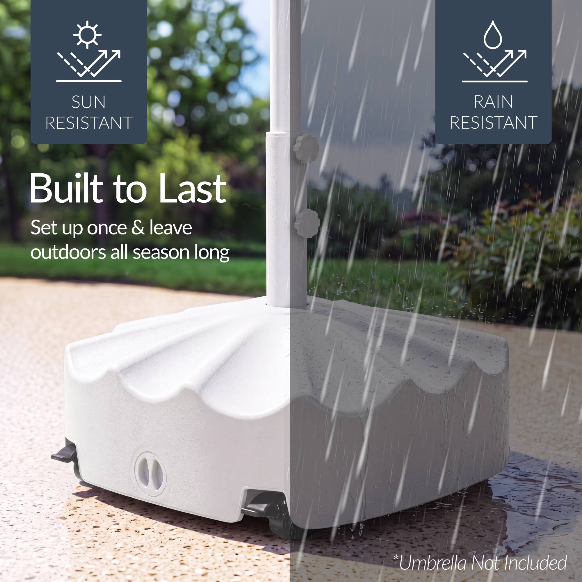 SUN RESISTANT  
RAIN RESISTANT  
Built to Last  
Set up once & leave outdoors all season long  
*Umbrella Not Included