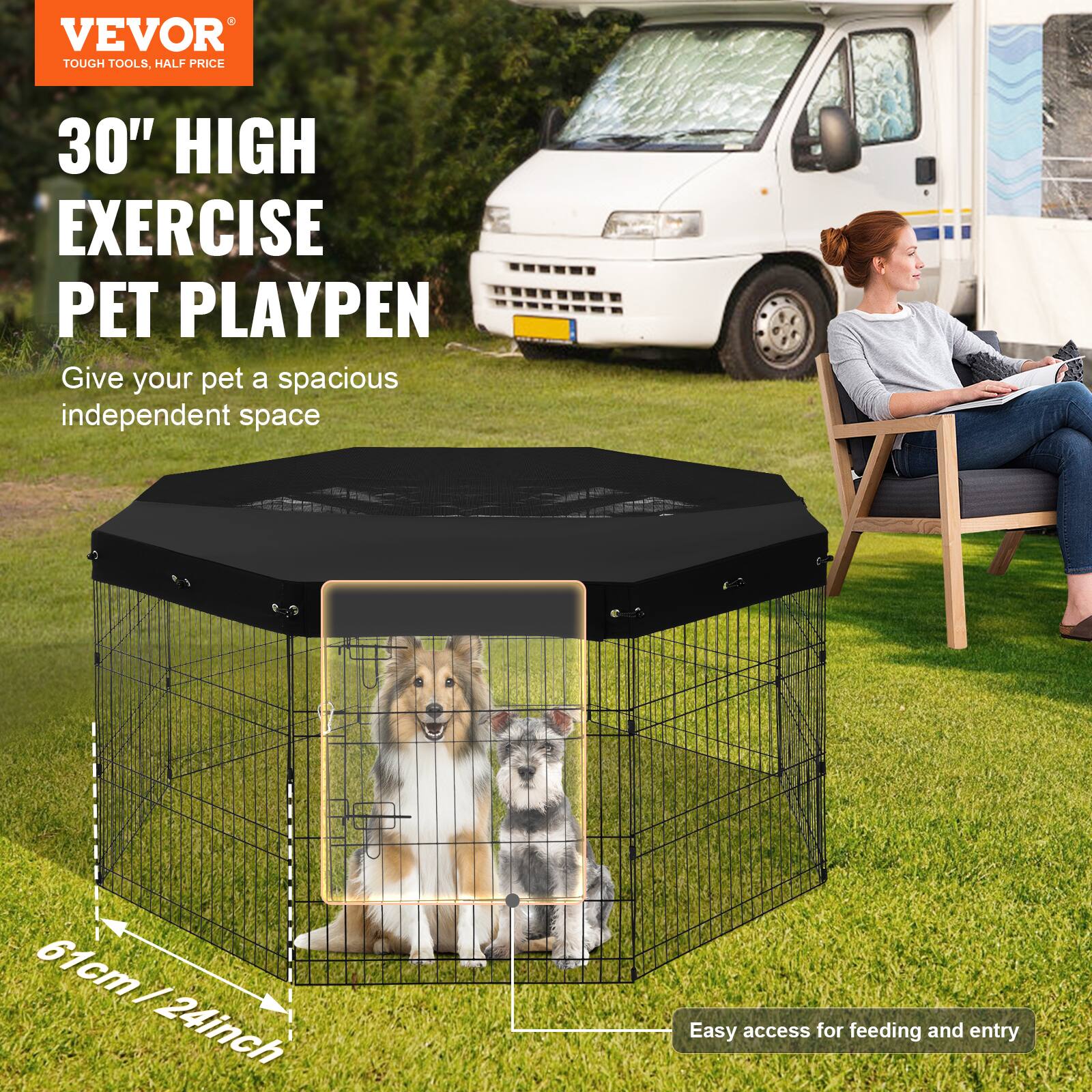 VEVOR TOUGH TOOLS, HALF PRICE 30" HIGH EXERCISE PET PLAYPEN. Give your pet a spacious independent space. 61cm/24inch. Easy access for feeding and entry.