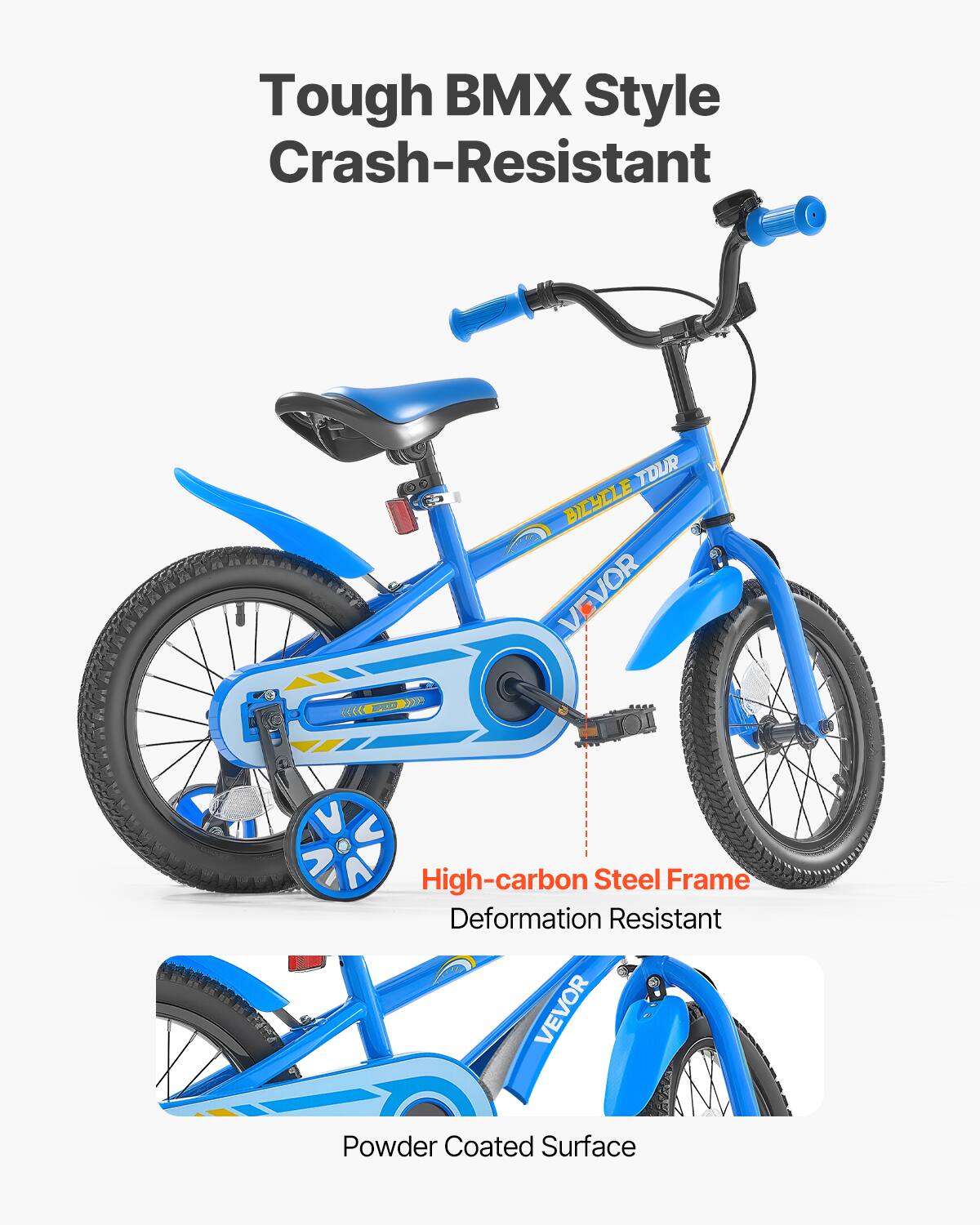 Tough BMX Style Crash-Resistant

High-carbon Steel Frame Deformation Resistant

Powder Coated Surface