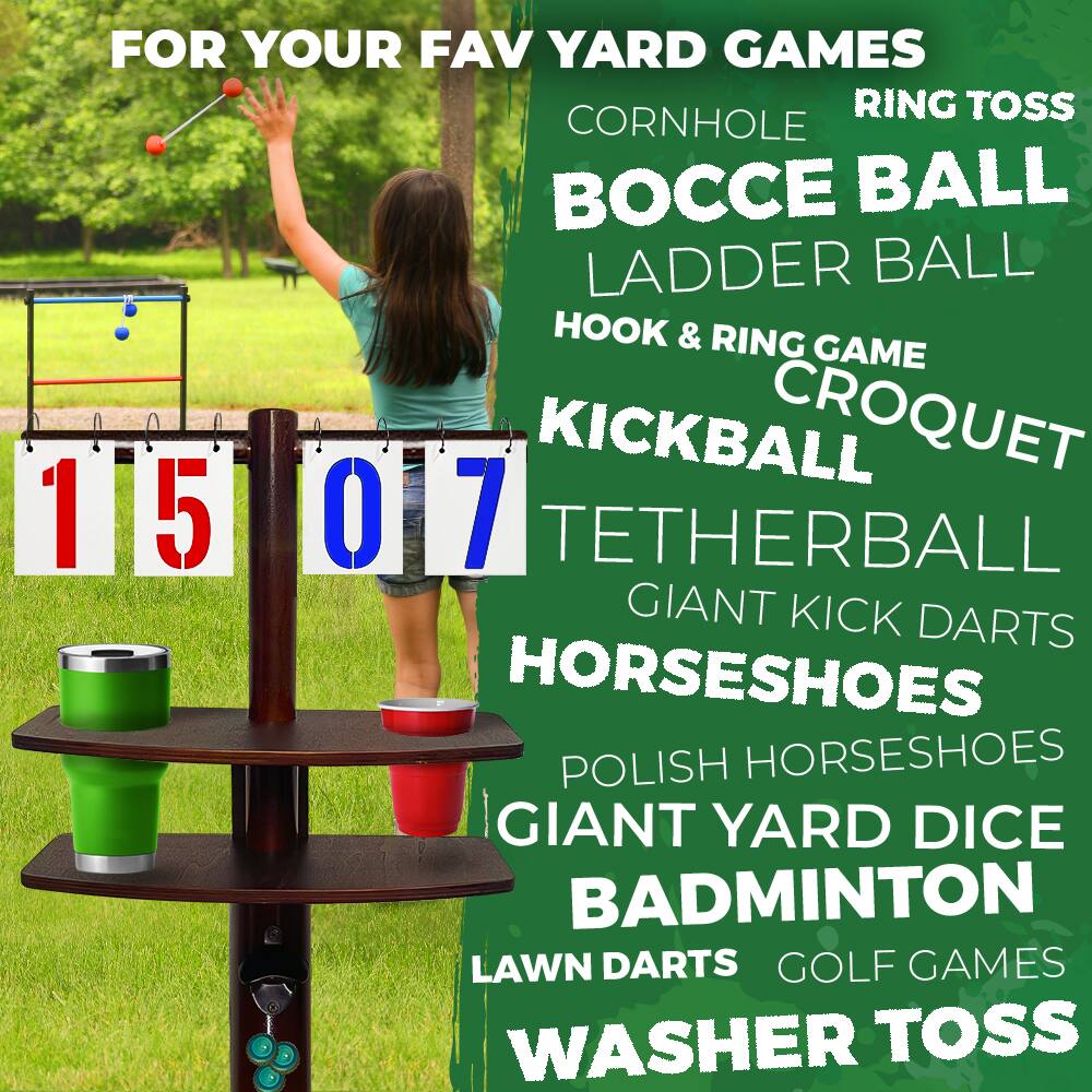 FOR YOUR FAV YARD GAMES

CORNHOLE  
RING TOSS  
BOCCE BALL  
LADDER BALL  
HOOK & RING GAME  
CROQUET  
KICKBALL  
TETHERBALL  
GIANT KICK DARTS  
HORSESHOES  
POLISH HORSESHOES  
GIANT YARD DICE  
BADMINTON  
LAWN DARTS  
GOLF GAMES  
WASHER TOSS