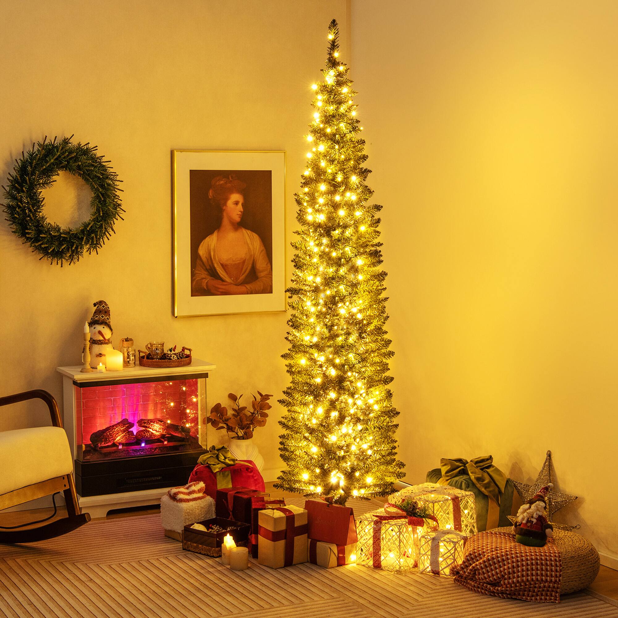 Alt View 2. Gymax - Gymax 7 ft Pre-Lit Artificial Christmas Tree Slim Pencil Xmas Tree Holiday Party Decor - Green.