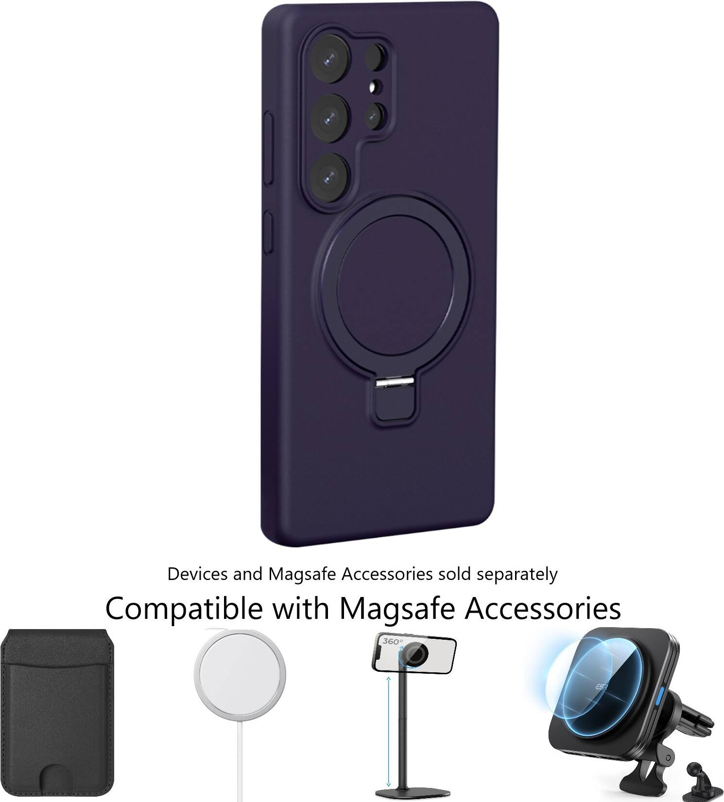The image features a purple electronic device, possibly a remote control, with a white circle on it. The device is compatible with Magsafe accessories, which are sold separately. The image also shows a few other accessories, such as a camera, a speaker, and a cell phone, which can be used with the electronic device. The compatibility with Magsafe accessories suggests that the device may have a magnetic connection system, allowing for easy attachment and detachment of accessories.
