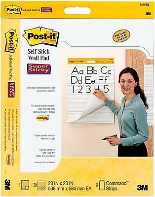 Post-it Self-Stick Wall Pad  
Super Sticky  

Self-stick sheets stick to wall yet remove cleanly  

No nails or screws needed - pad mounts with 3M Command Strips  

Paper resists marker bleed-through  

Can be used to refill Post-it Table Top products  

20 IN x 23 IN  
508 mm x 584 mm EA  

8 Command Strips  

3M