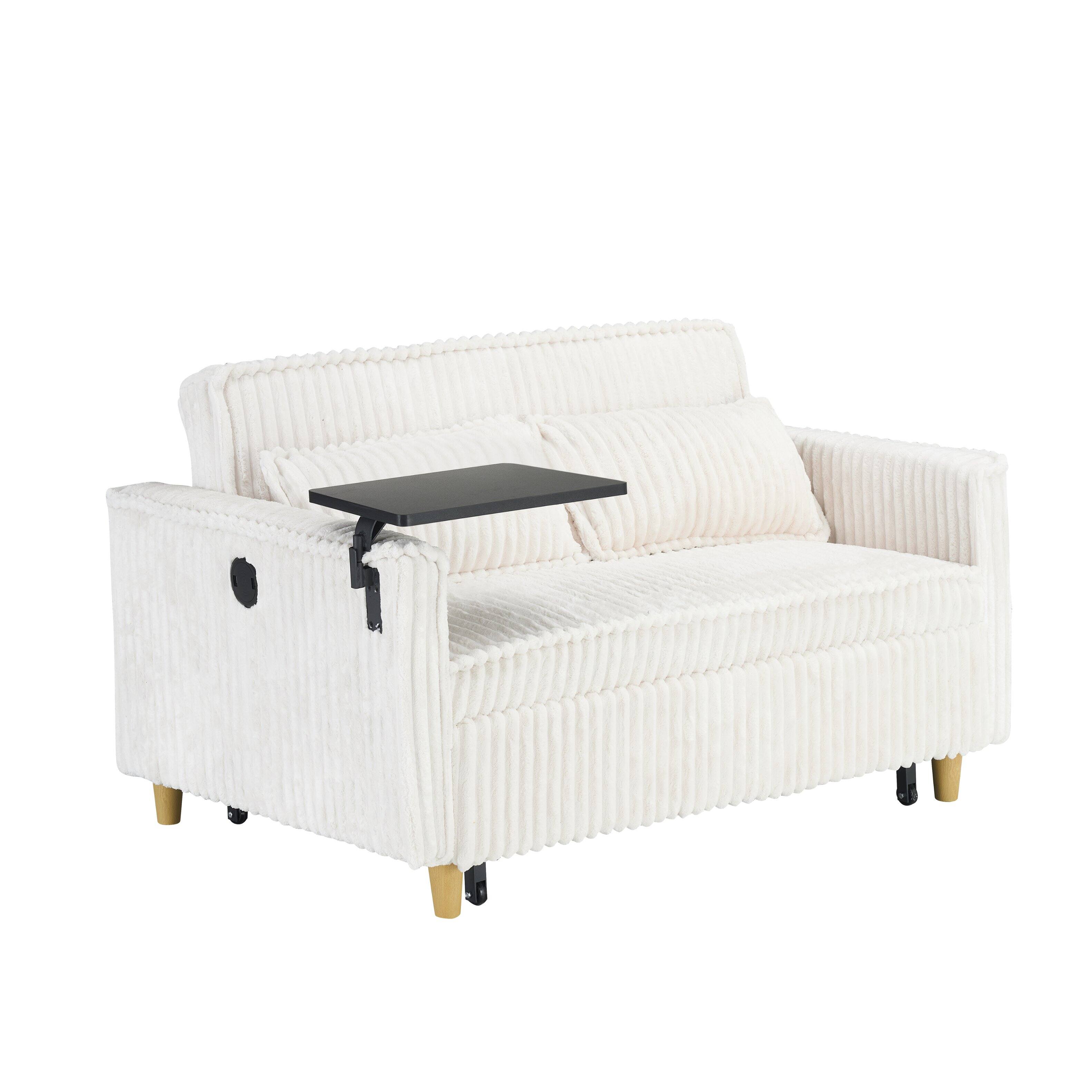Back. Trinkets Crazed - Corduroy 3-In-1 Convertible Sleeper Sofa Bed,Upholstered Pull Out Futon Loveseat Couch with Adjustable Backrest - Beige.