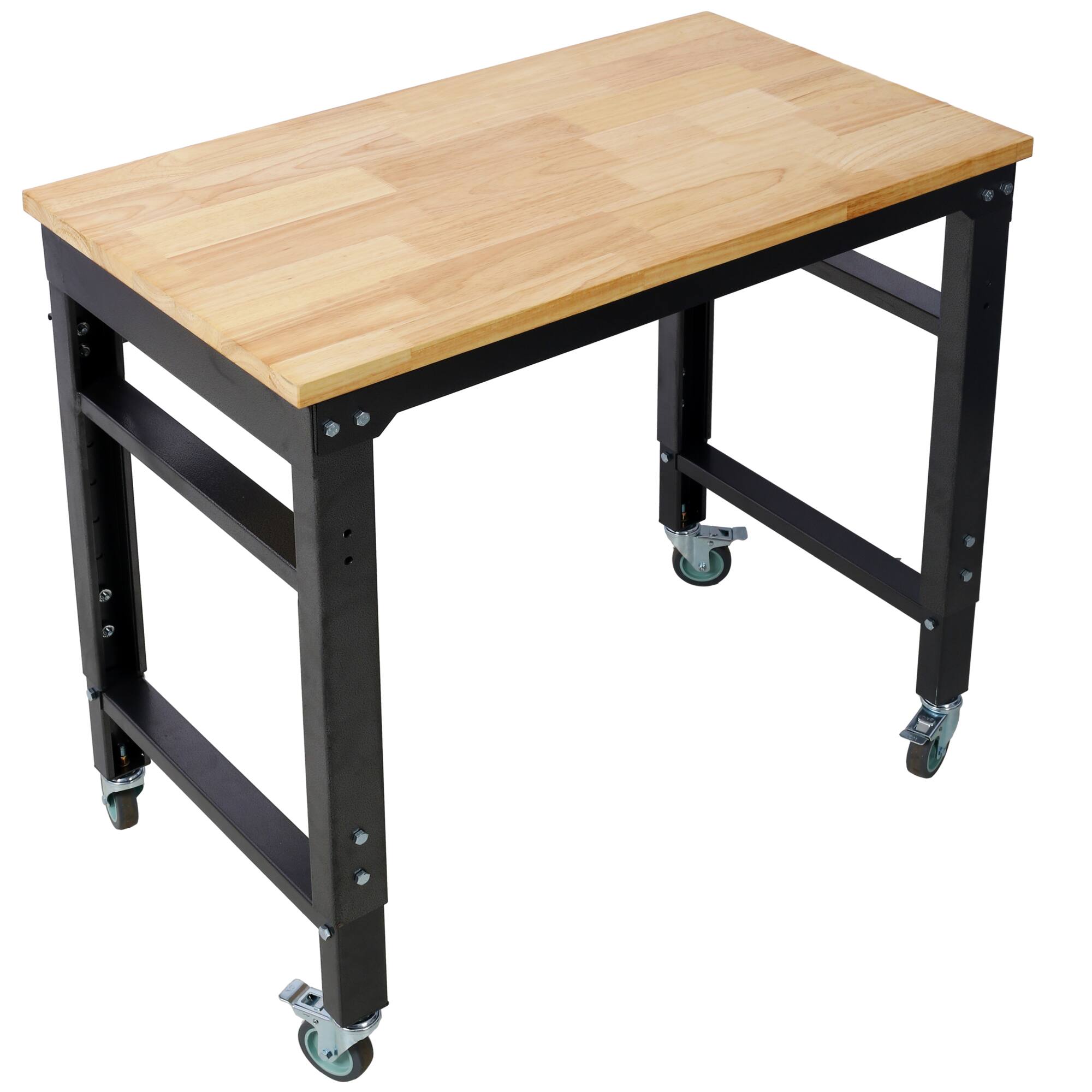 Left. GOODSILO - Adjustable Height Rolling Workbench with Durable Rubber Wood Top for Garage and Workshop Use - Dark Gray,Wood.