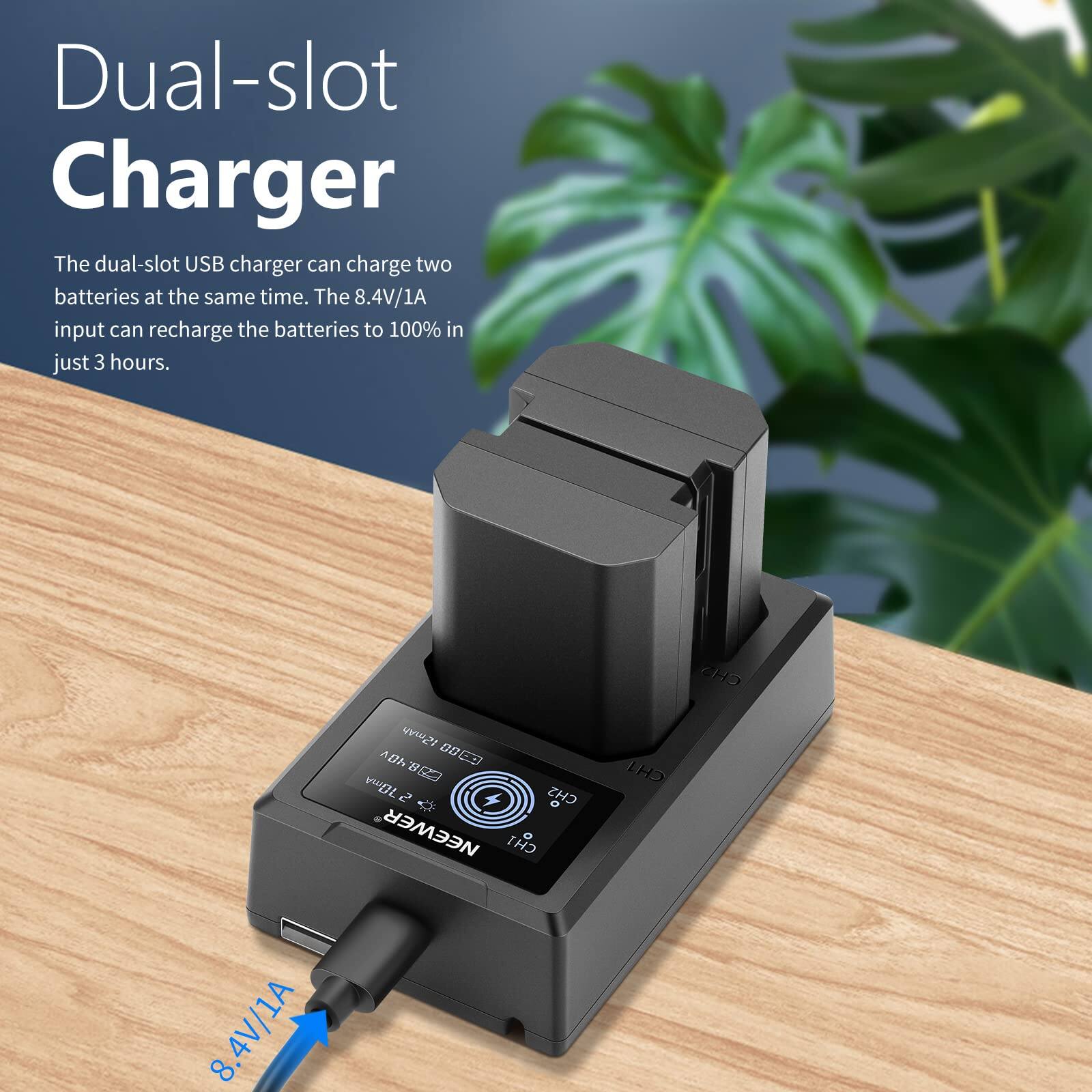 Dual-slot Charger

The dual-slot USB charger can charge two batteries at the same time. The 8.4V/1A input can recharge the batteries to 100% in just 3 hours.

CH2 D0 AD B 70ma CHS NEEWER CHI CHT 8.4V/1A