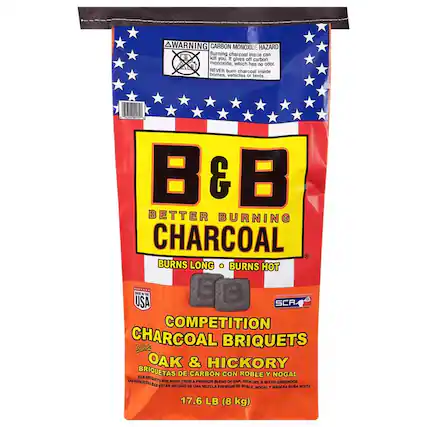WARNING CARBON MONOXIDE HAZARD
Burning charcoal inside can kill you. It gives off carbon monoxide, which has no odor. NEVER burn charcoal inside homes, vehicles or tents.
B & B
BETTER BURNING CHARCOAL
BURNS LONG • BURNS HOT
USA SCA COMPETITION CHARCOAL With BRIQUETS
OAK & HICKORY
BRIQUETAS DE CARBÓN CON ROBLE Y NOGAL
BRIQUETAS ARE MADE FROM A PREMIUM BLEND OF OAK, HICKORY & MIXED HARDWOOD
LAS BRIQUETAS ESTÁN HECHAS DE UNA MEZCLA PREMIUM DE ROBLE, NOGAL Y MADERA DURA MIXTA
17.6 LB (8 kg)