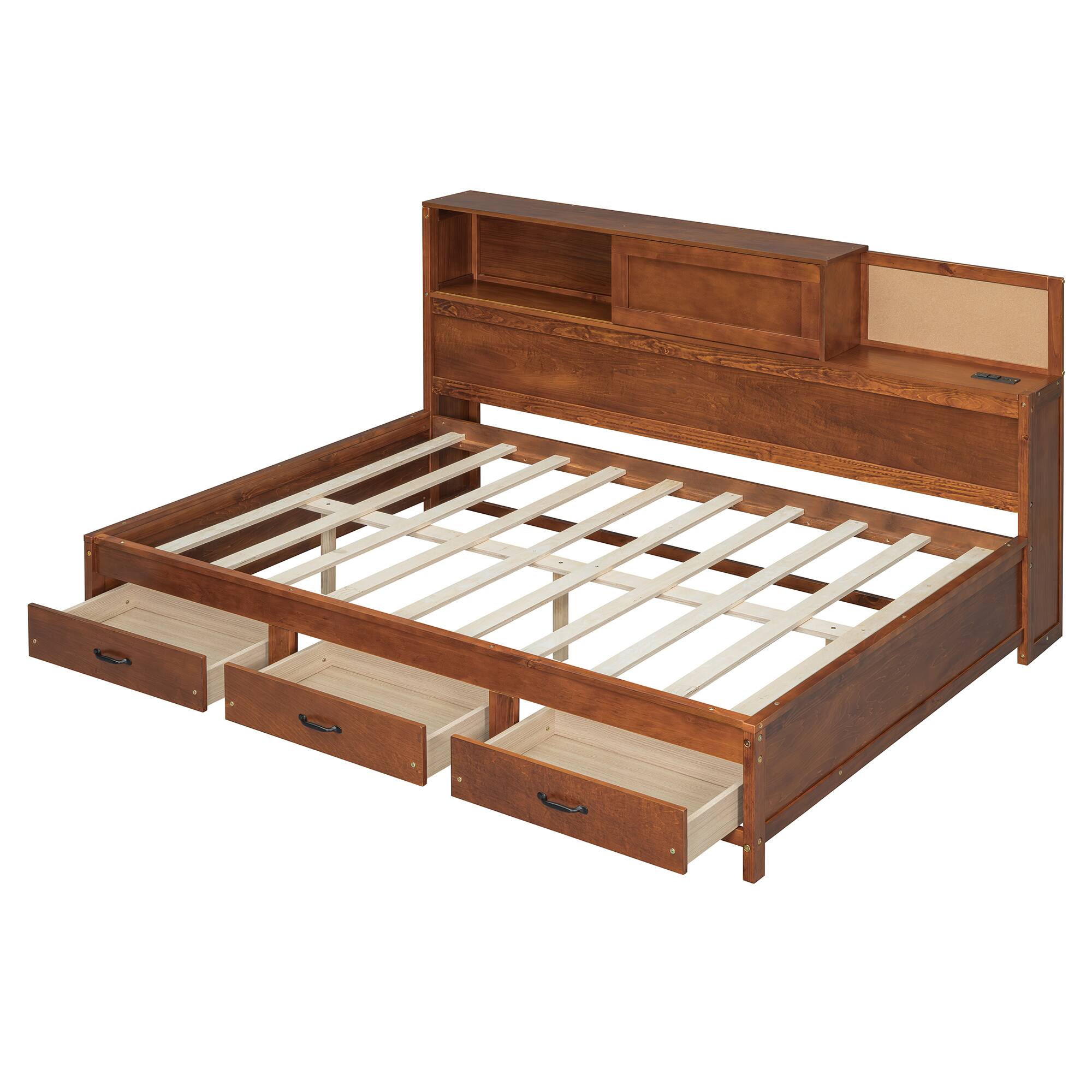 Alt View 6. Tiramisubest - Full Size Wooden Daybed with 3 Storage Drawers, Upper Soft Board, shelf, and a set of Sockets and USB Ports, Walnut - Walnut.