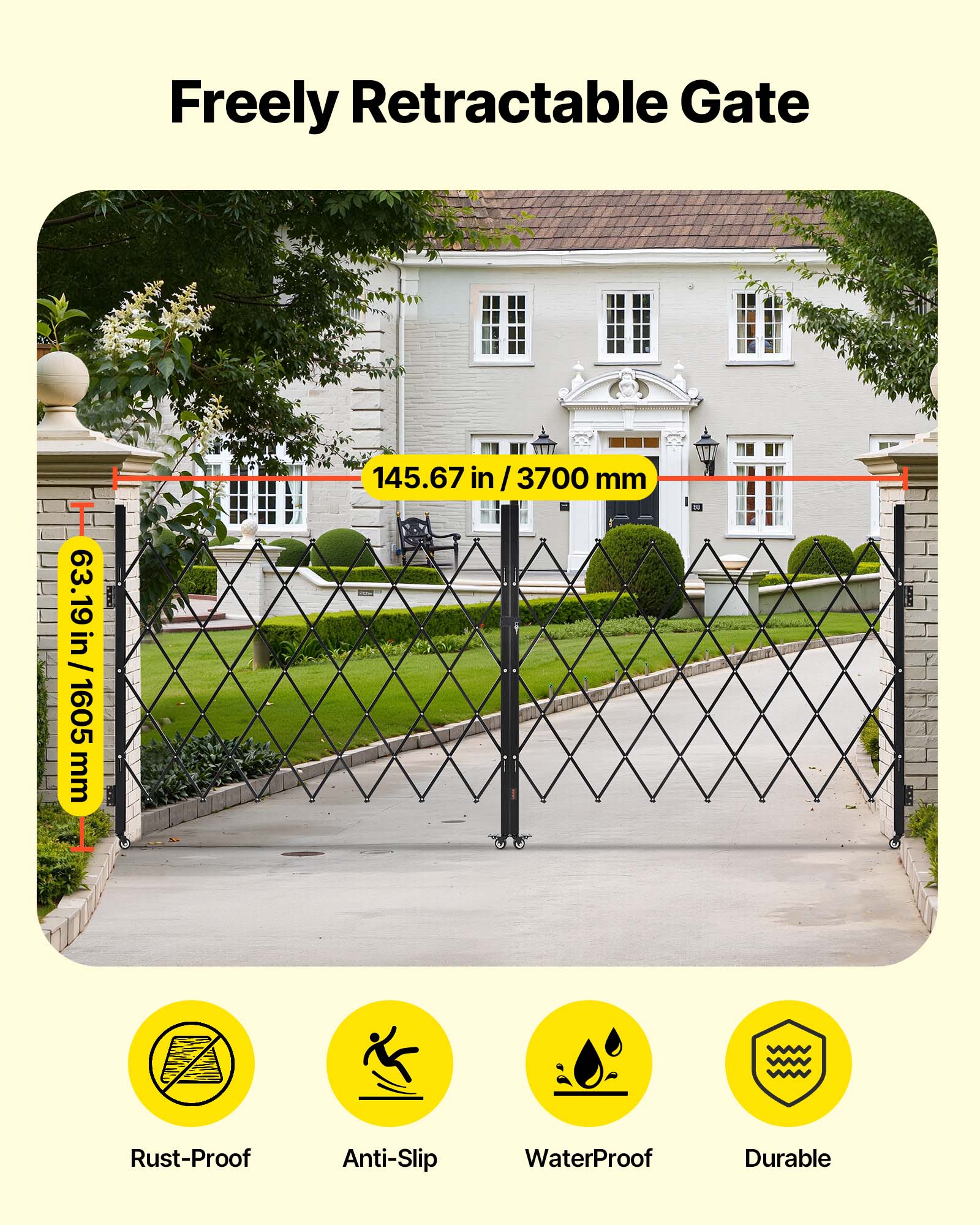 Freely Retractable Gate

63.19 in / 1605 mm  
145.67 in / 3700 mm

Rust-Proof  
Anti-Slip  
WaterProof  
Durable