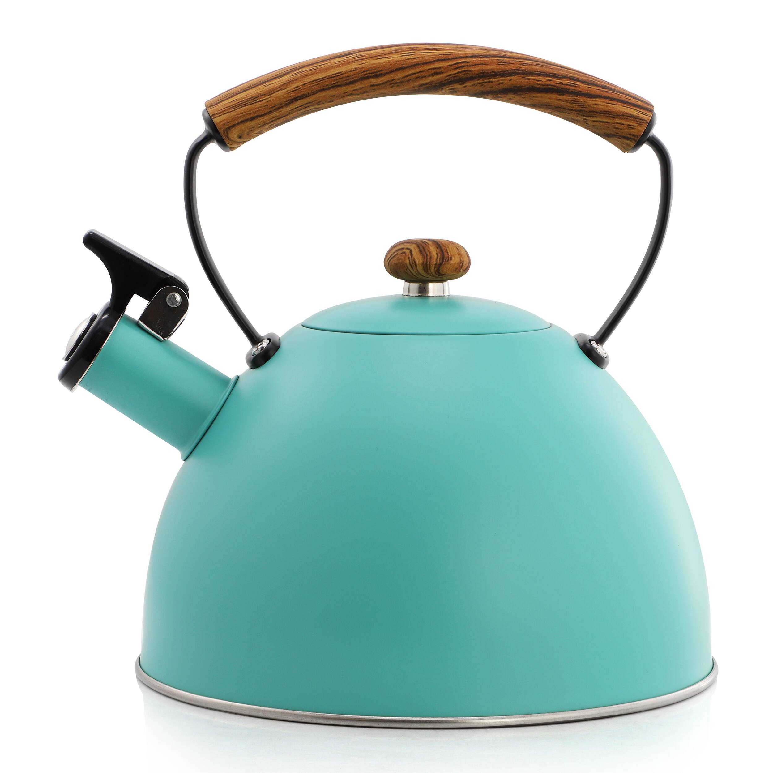 Left. MegaChef - MegaChef 3.2 Quart Whistling Tea Kettle with Wood Grain Nylon Cool Touch Handle, Matte Turquoise - Turquoise.