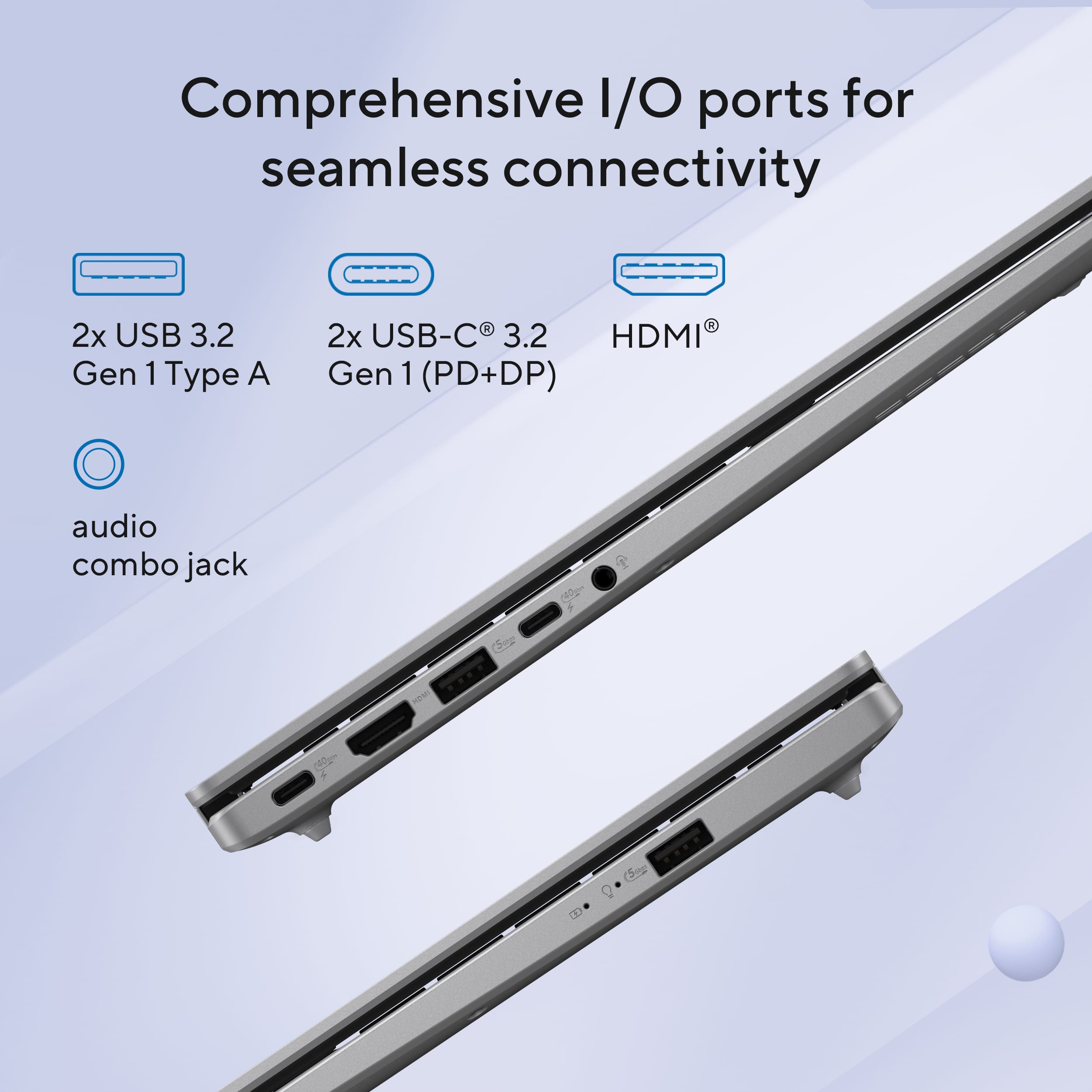 Comprehensive I/O ports for seamless connectivity: 2x USB 3.2 Gen 1 Type A, 2x USB-C 3.2, HDMI Gen 1 (PD+DP), audio combo jack.