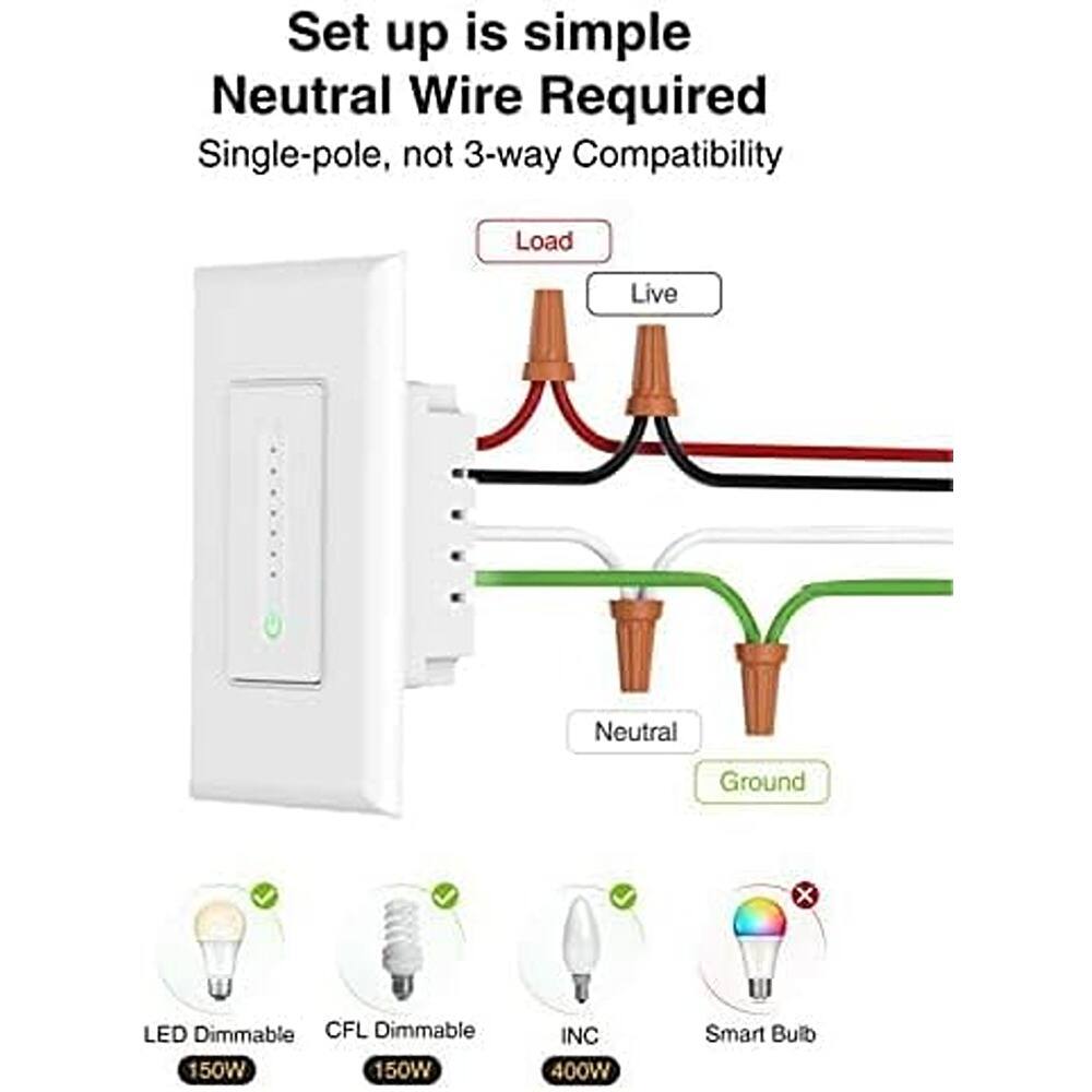 Set up is simple
Neutral Wire Required
Single-pole, not 3-way Compatibility
Load
Live
Neutral
Ground
LED Dimmable 150W
CFL Dimmable 150W
INC 400W
Smart Bulb