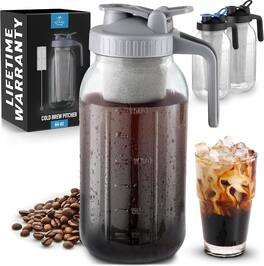 Zulay Kitchen - Premium Cold Brew Coffee Maker - 64oz Mason Jar With Leak-Proof Lid & Extra-Thick Glass - Gray