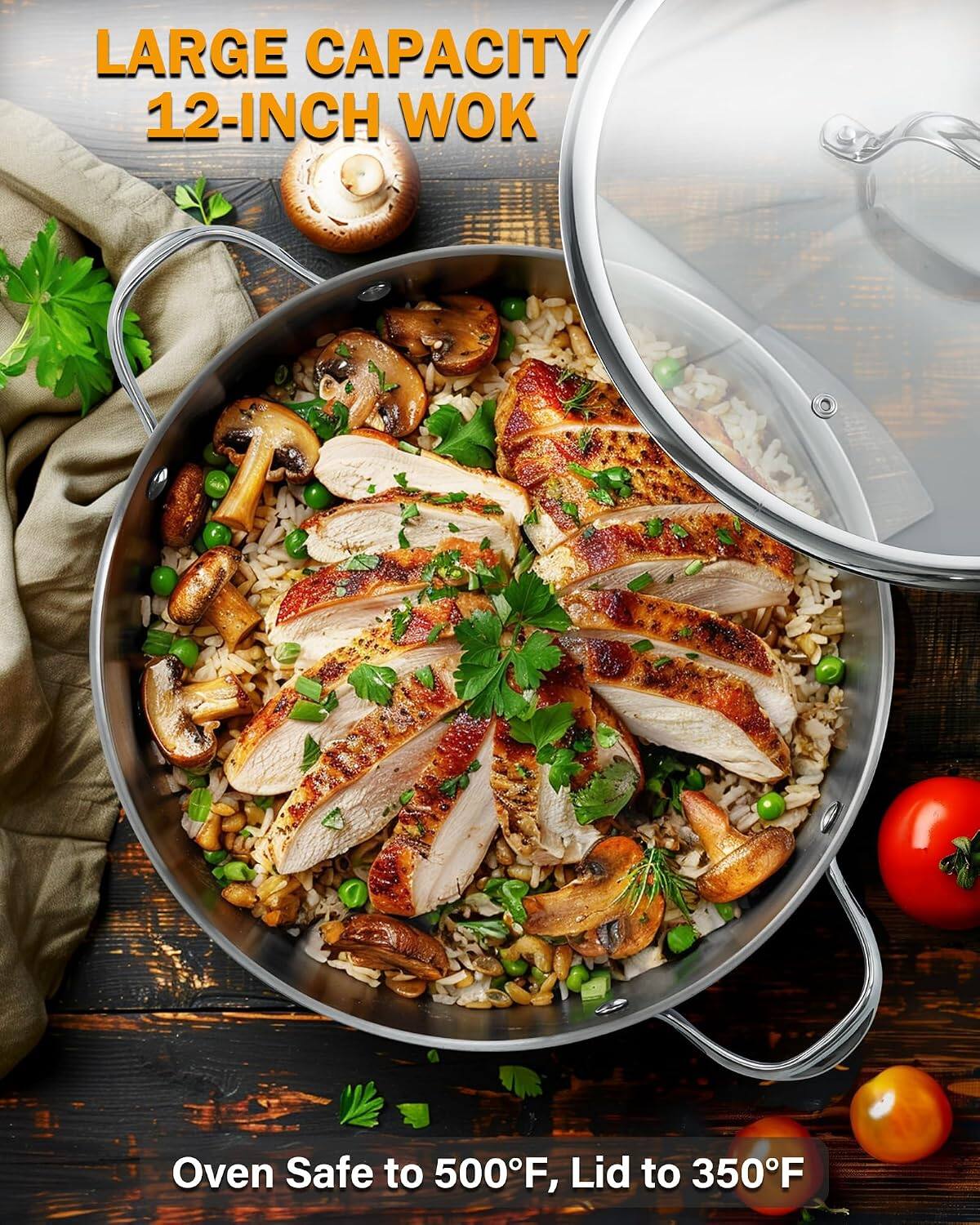 LARGE CAPACITY 12-INCH WOK

Oven Safe to 500°F, Lid to 350°F