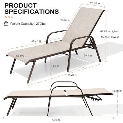 PRODUCT SPECIFICATIONS

- Weight Capacity: 270lbs
- 20.08 in
- 30.67 in
- 42.09 in (highest)
- 41.77 in
- 15.75 in (lowest)
- 20.47 in
- 20.4 in
- 13.6 in
- 60.67 in
- 73.9 in